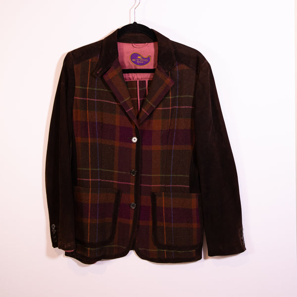 Etro Milano Wool Knit Suede Leather Panels Multi Plaid Check Print Blazer Jacket