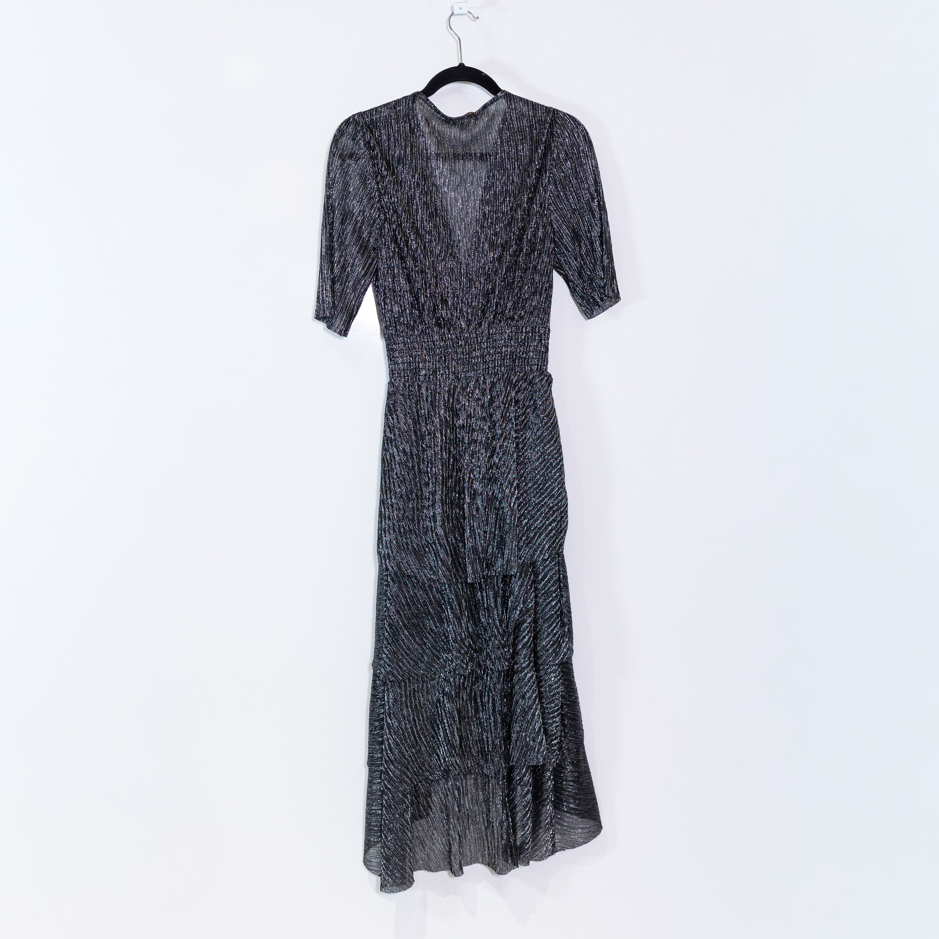 Maje Women's Silver Gray Metallic Sparkle V Neck Smocked Waist Midi Dress Large