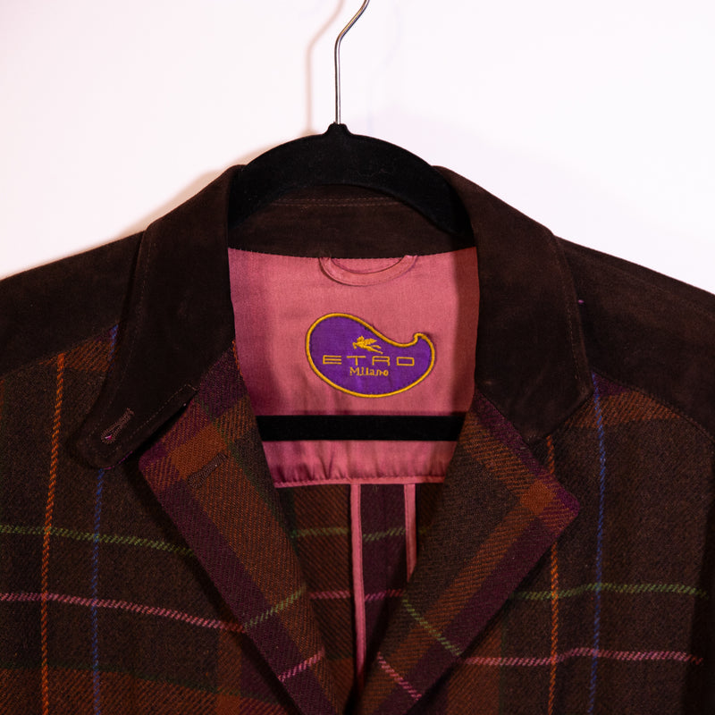 Etro Milano Wool Knit Suede Leather Panels Multi Plaid Check Print Blazer Jacket