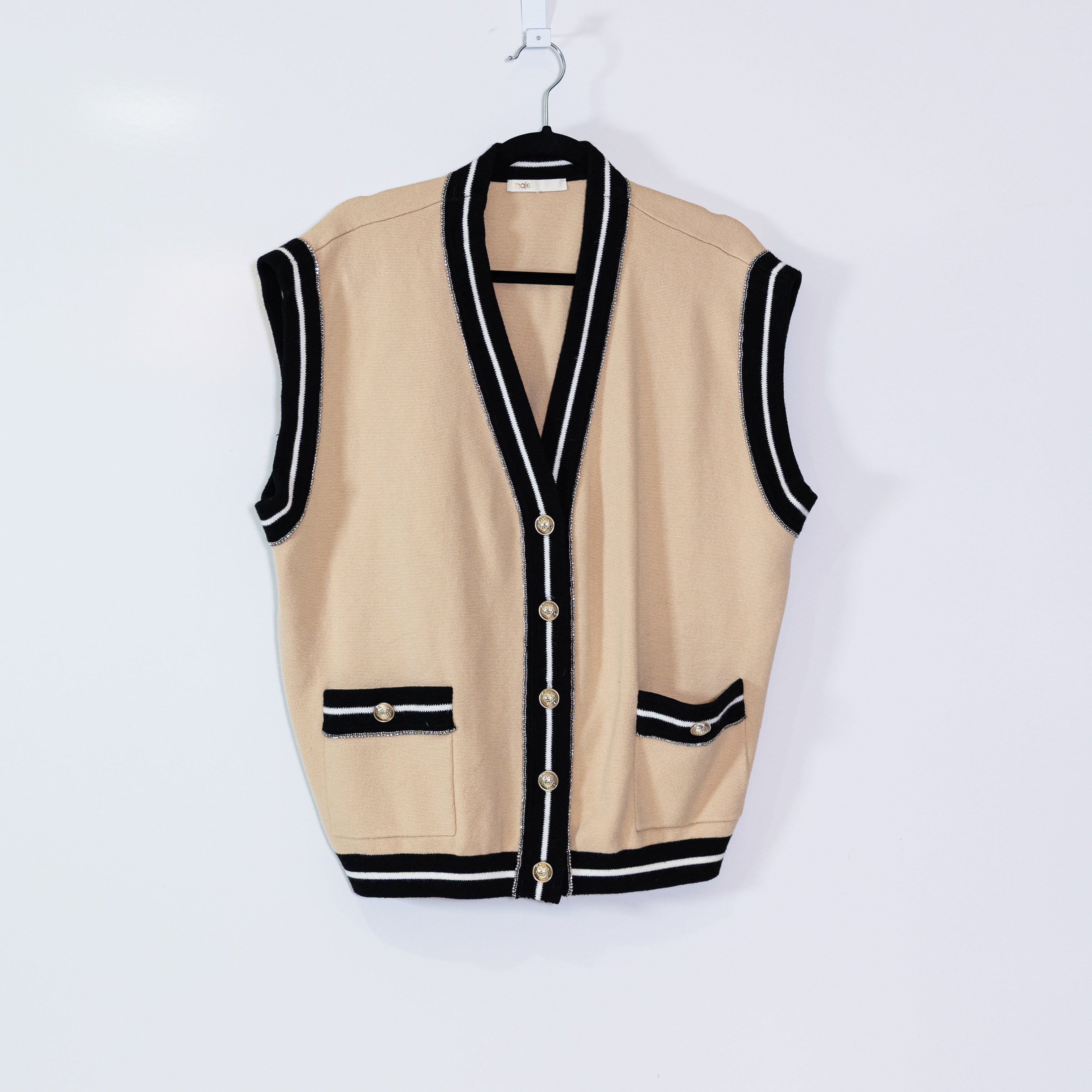 Maje Marshelli Oversized V Neck Button Front Sleeveless Knit Cardigan Sweater L