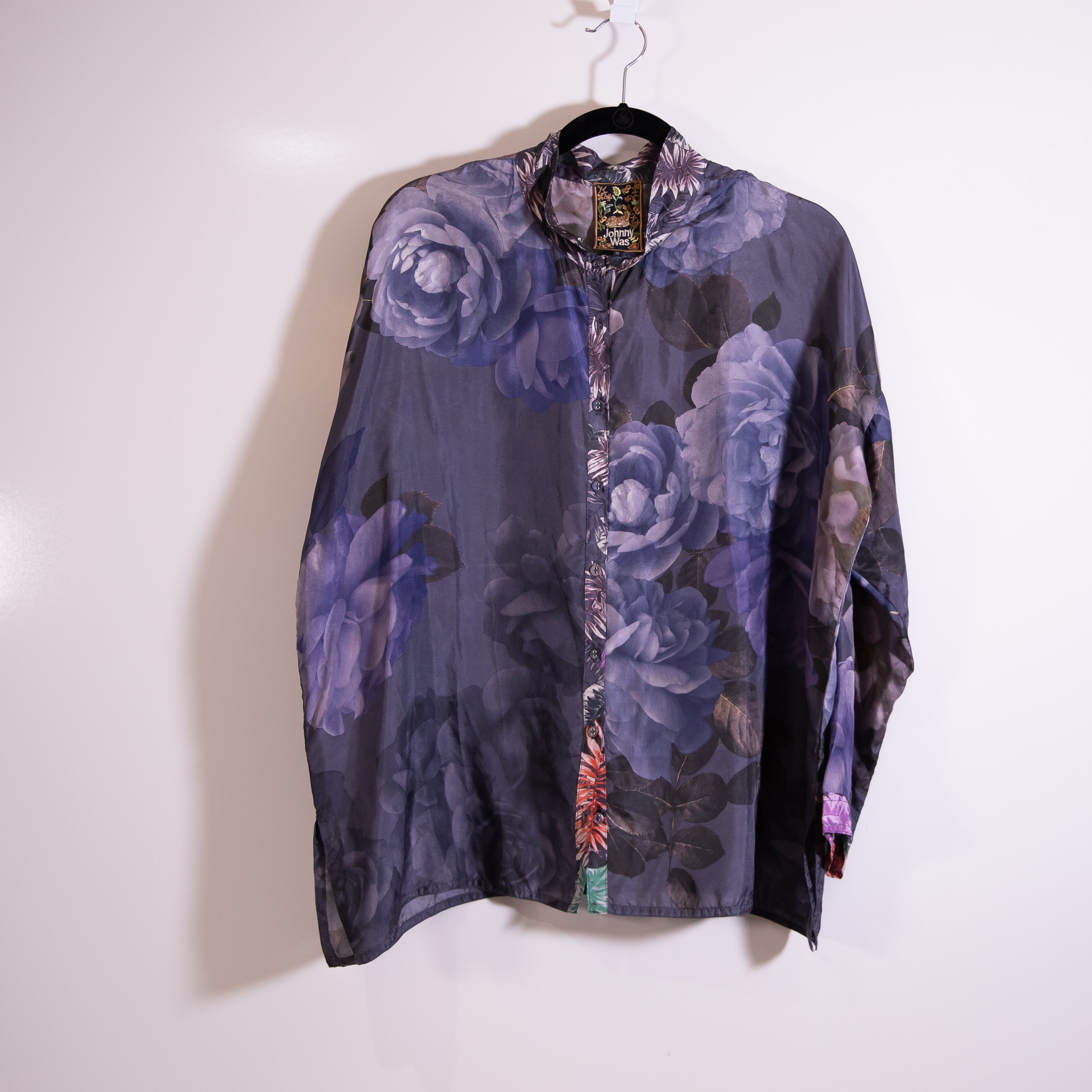 Johnny Was The Audrey Silk Chiffon Button Down Oversized Blouse Grey Peony Print