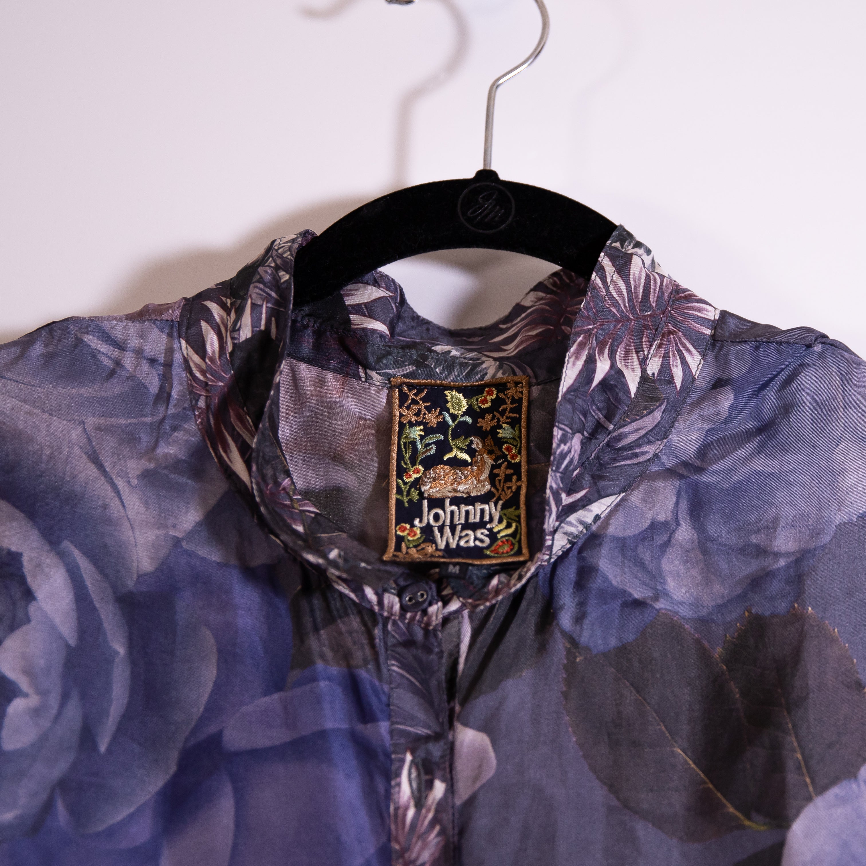 Johnny Was The Audrey Silk Chiffon Button Down Oversized Blouse Grey Peony Print