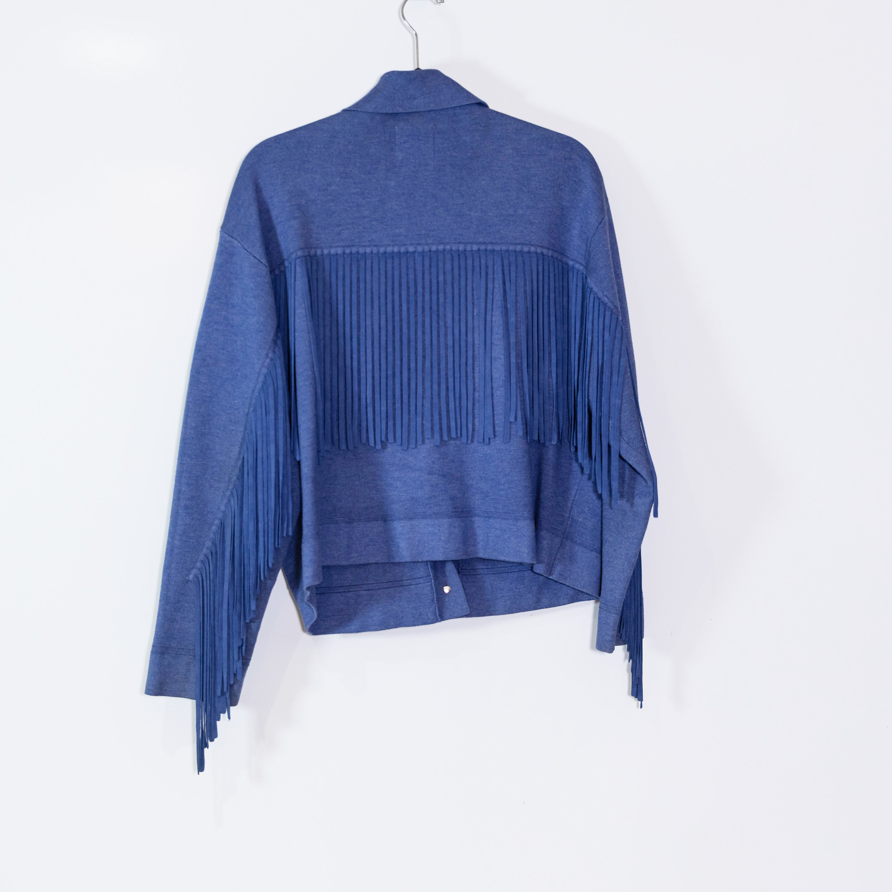 Sandro Galith Fringe Embellished Detail Collared Cropped Knit Stretch Jacket