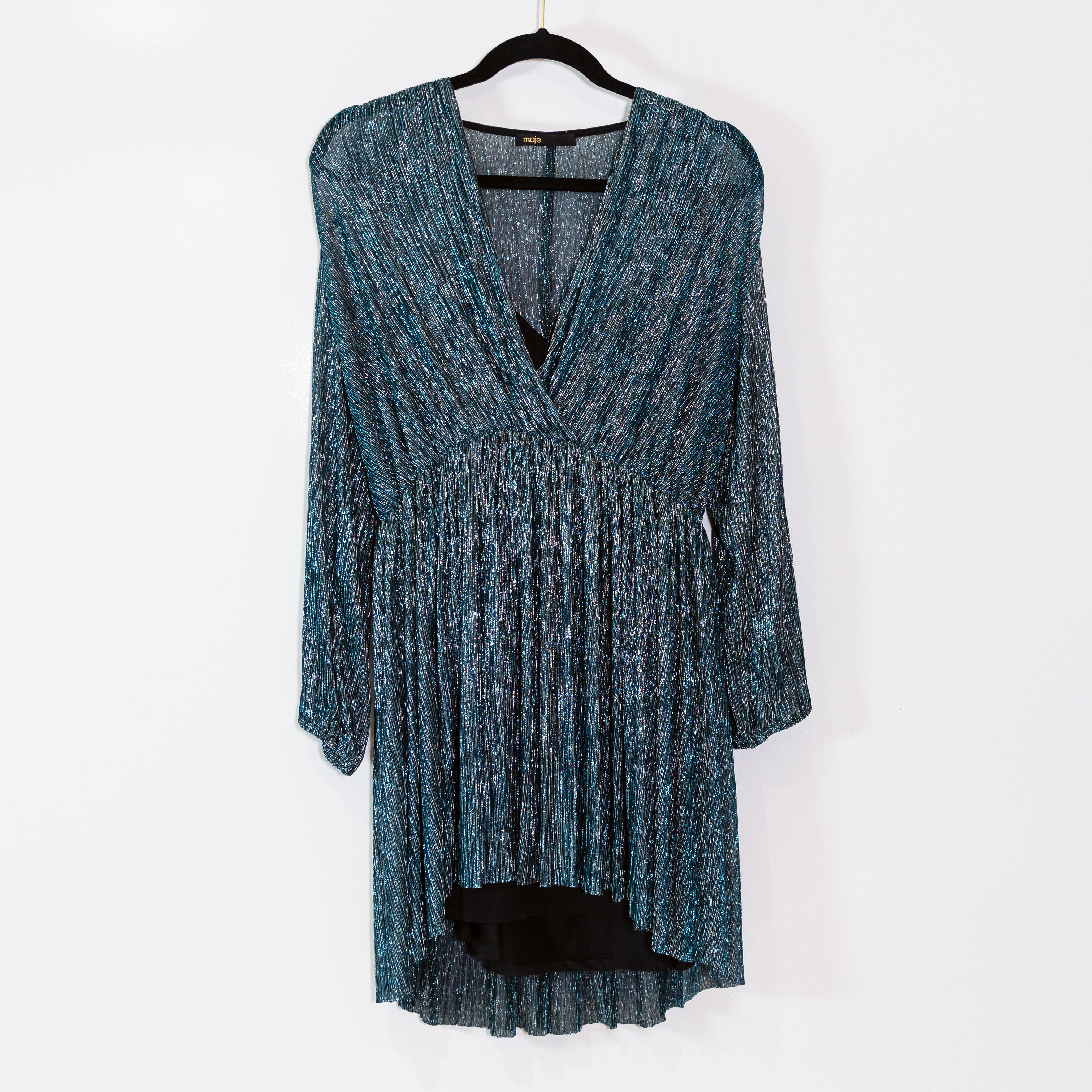 Maje Metallic Plisse Pleated V Neck Long Sleeve Pullover Mini Dress Blue Silver