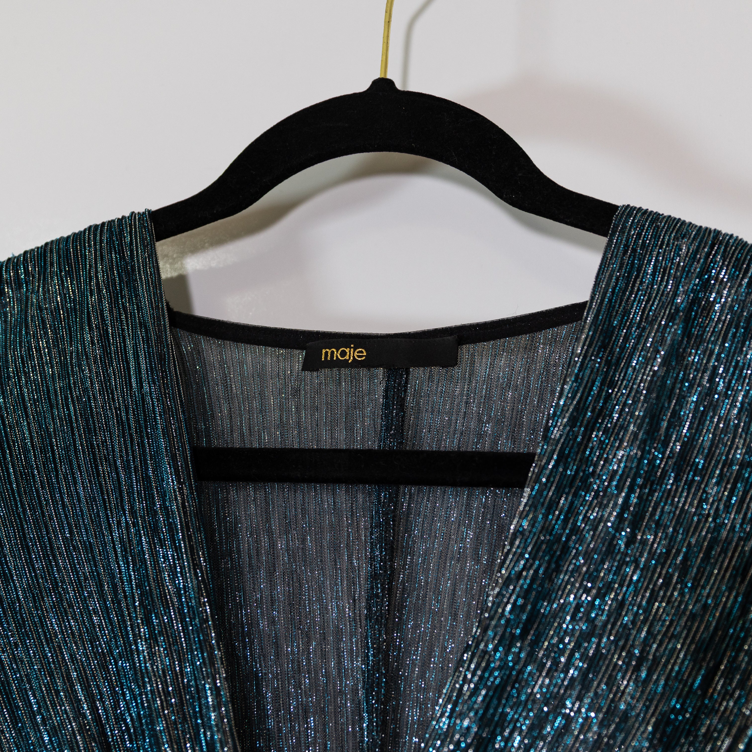 Maje Metallic Plisse Pleated V Neck Long Sleeve Pullover Mini Dress Blue Silver