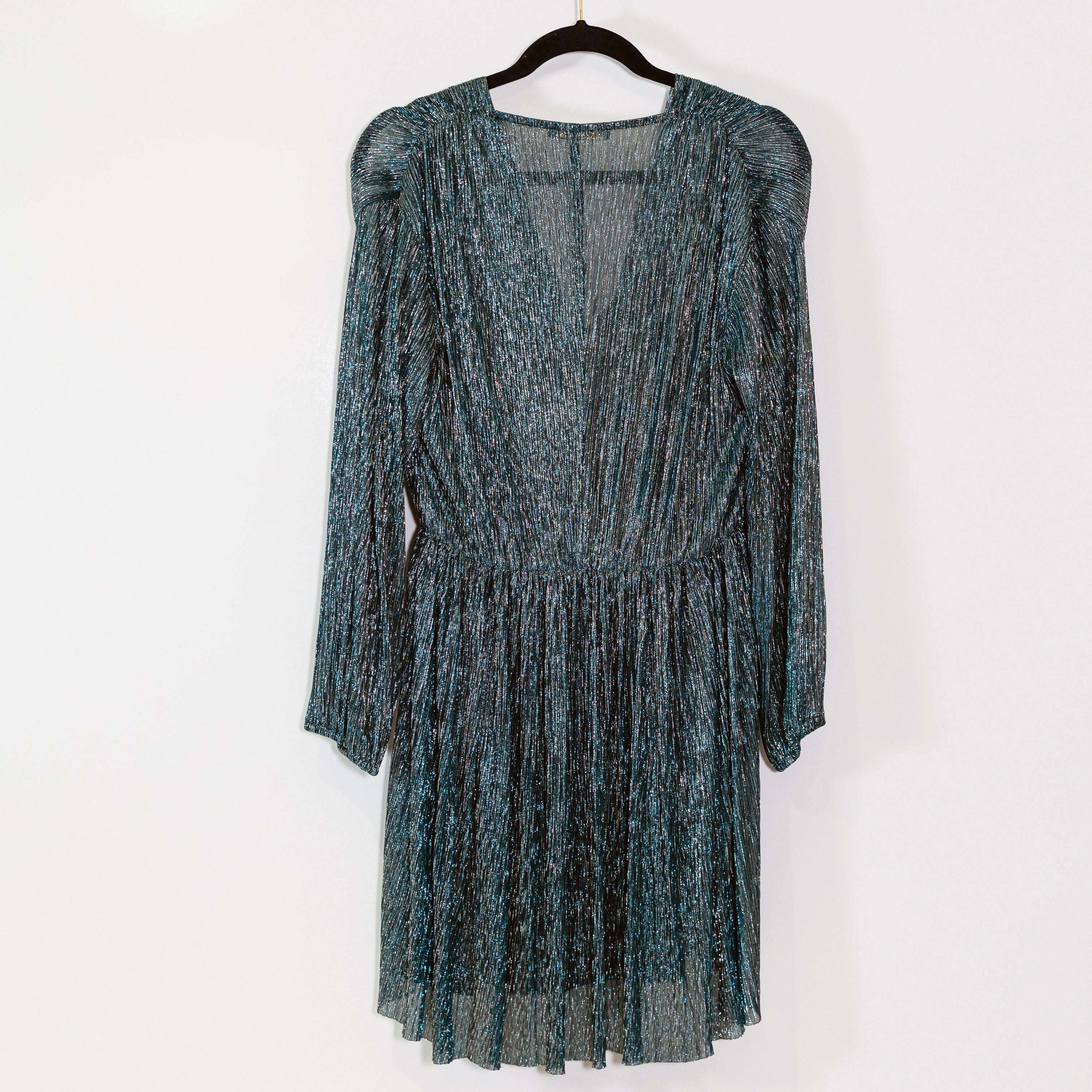 Maje Metallic Plisse Pleated V Neck Long Sleeve Pullover Mini Dress Blue Silver