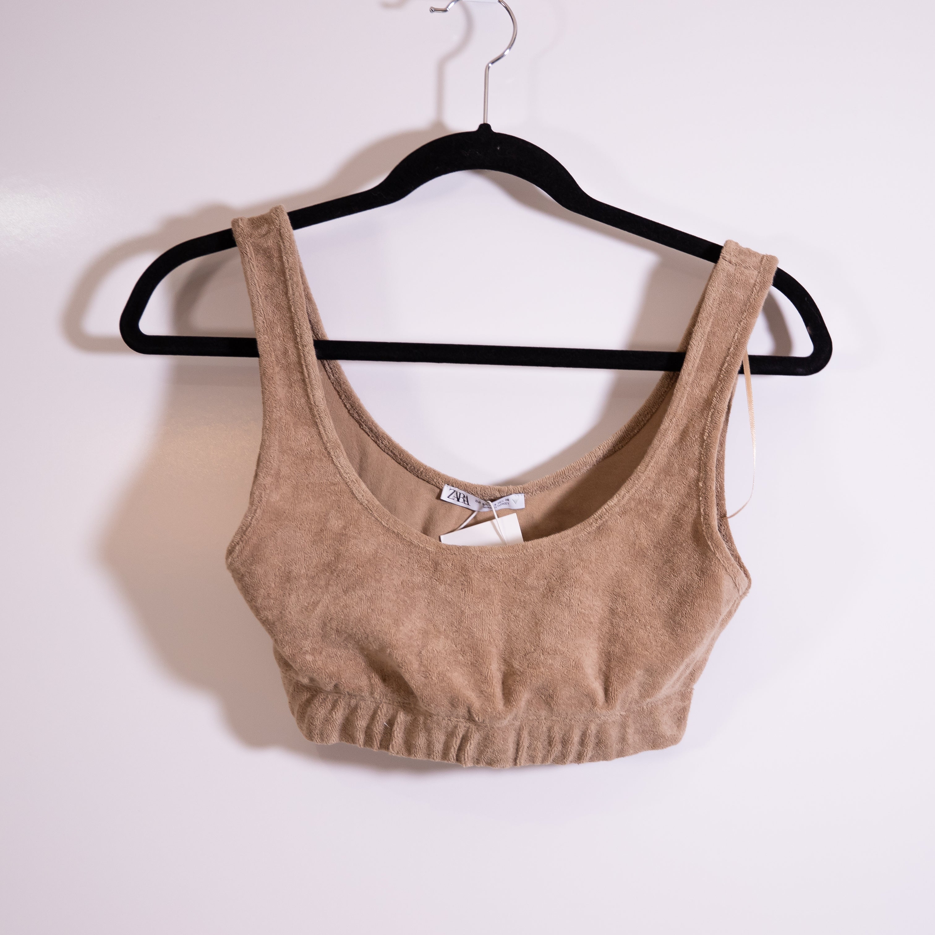 NEW Zara Cotton Terry Scoop Neck Crop Top Tank Stretch Band Brown Tan Small