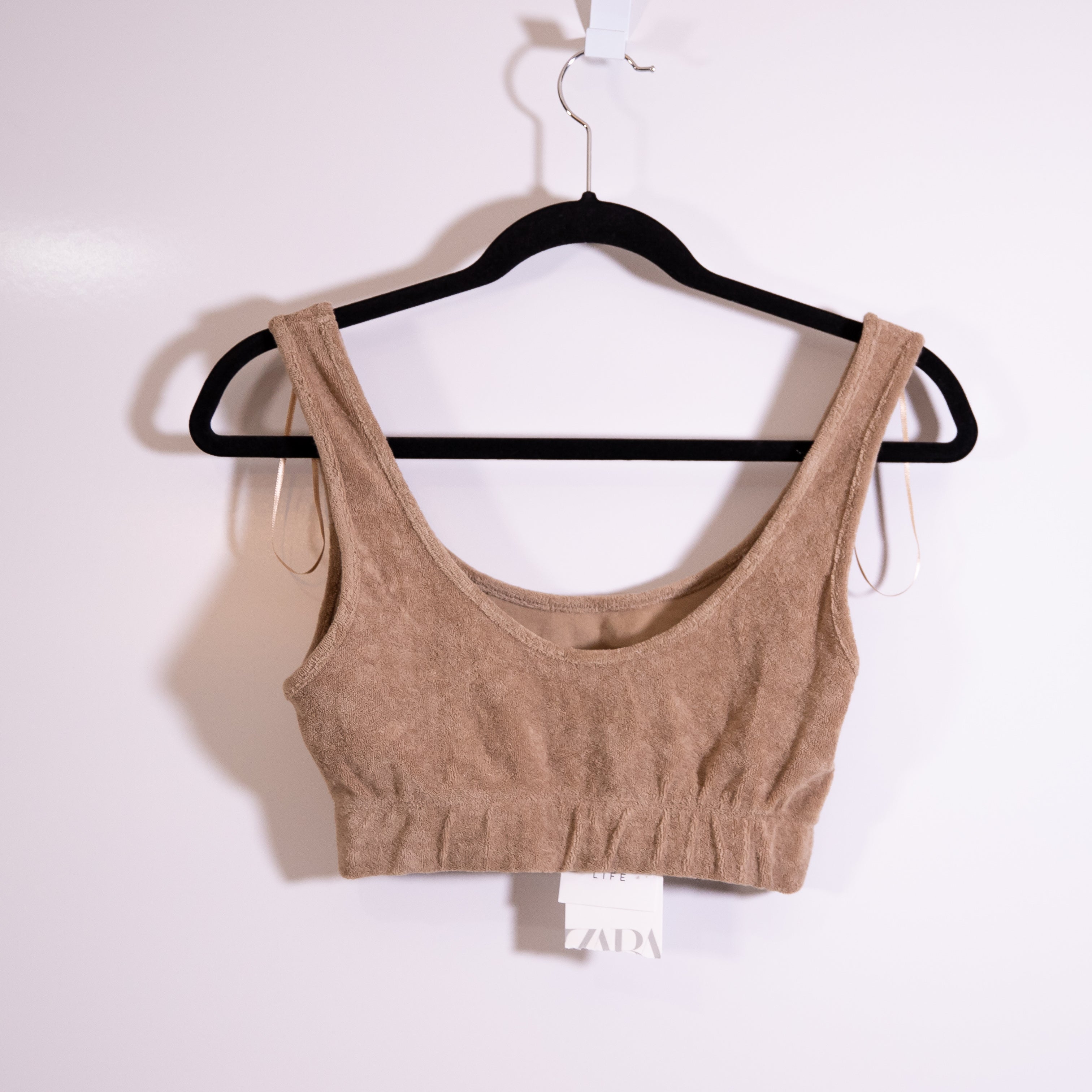 NEW Zara Cotton Terry Scoop Neck Crop Top Tank Stretch Band Brown Tan Small
