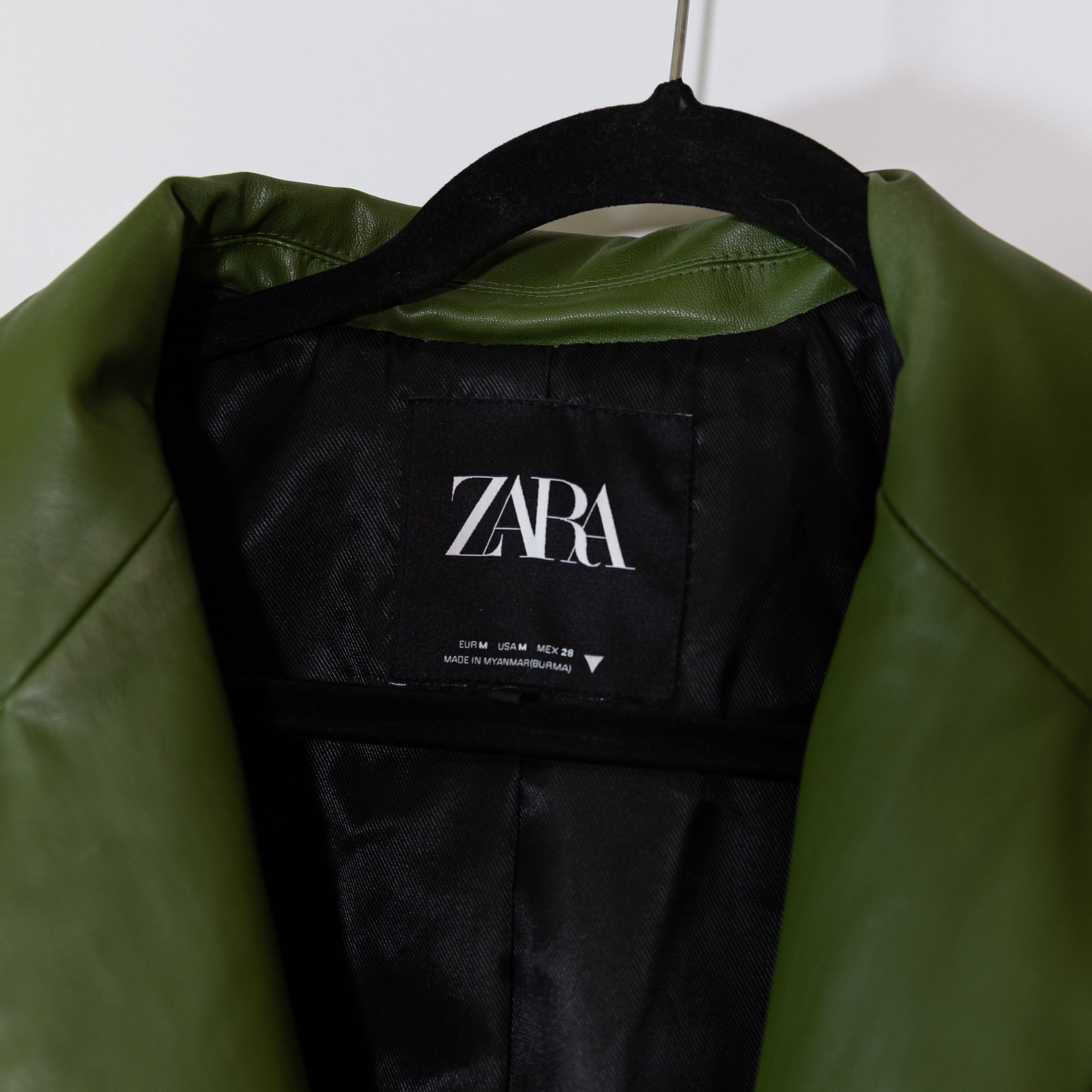 Zara Faux Vegan Leather Collared Two Button Blazer Jacket Green Medium