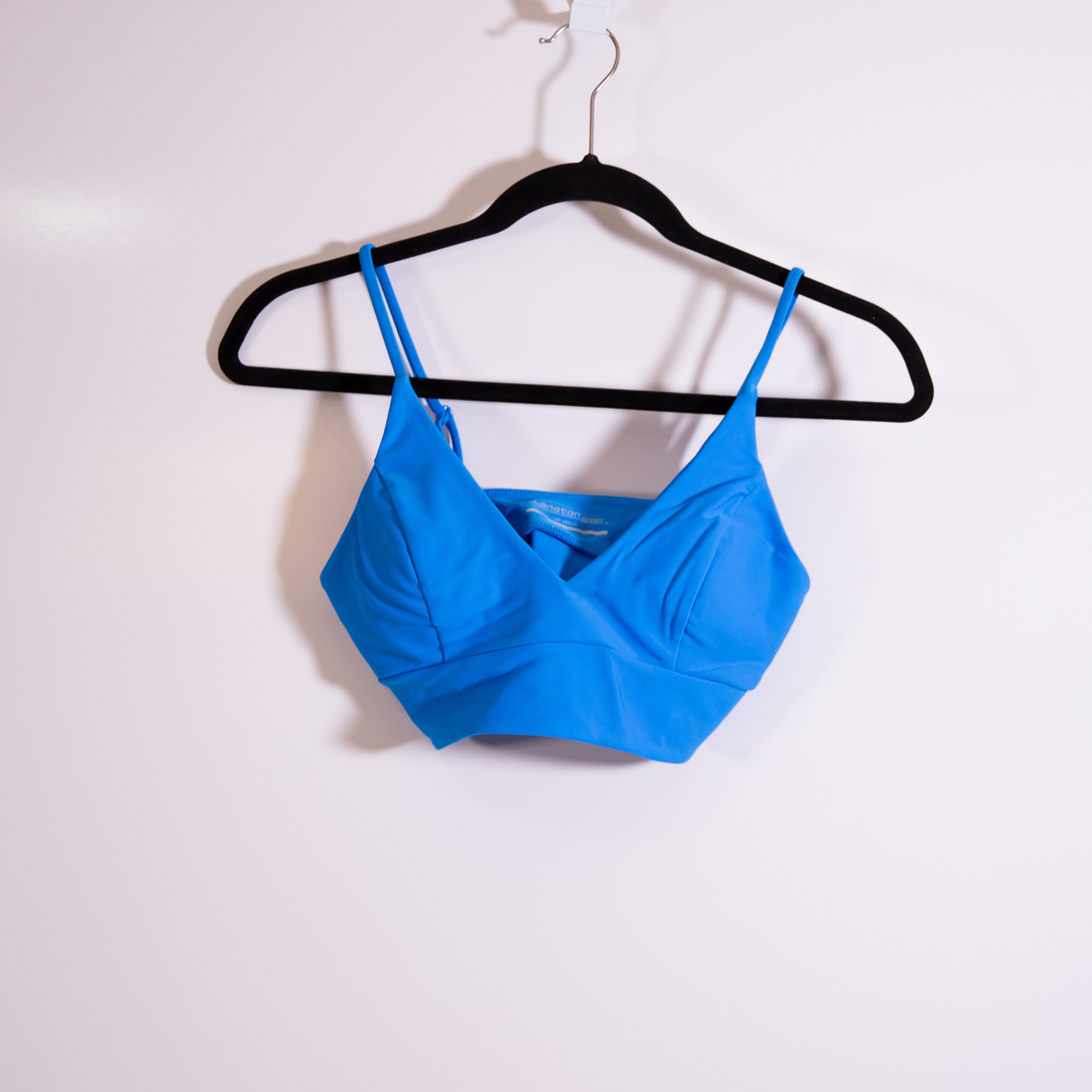 Lanston Sport Triangle V Neck Athletic Work Out Sports Bra Slid Blue Small