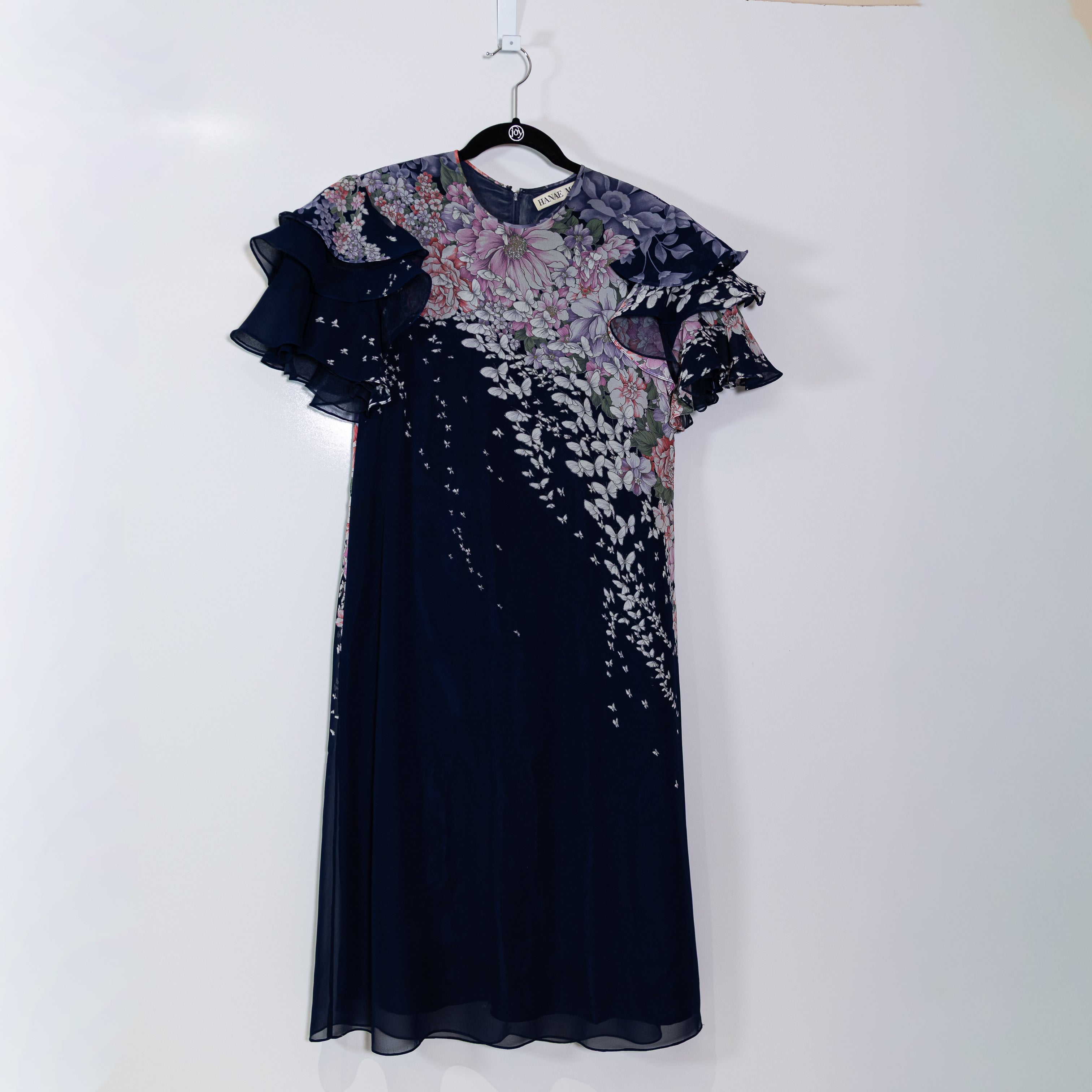 Hanae Mori Vintage Watercolor Floral Flower Print Chiffon Ruffle Mini Dress 8
