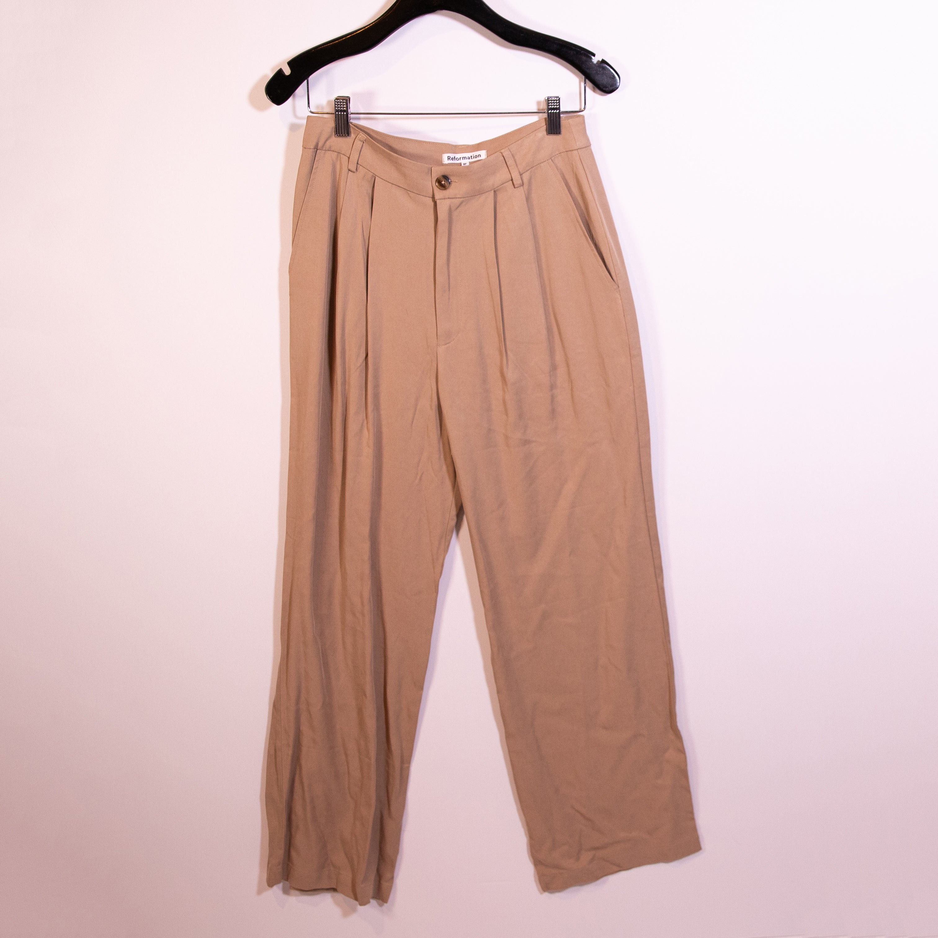 Reformation Mason High Waisted Straight Leg Front Pleated Trouser Pants Khaki 8P