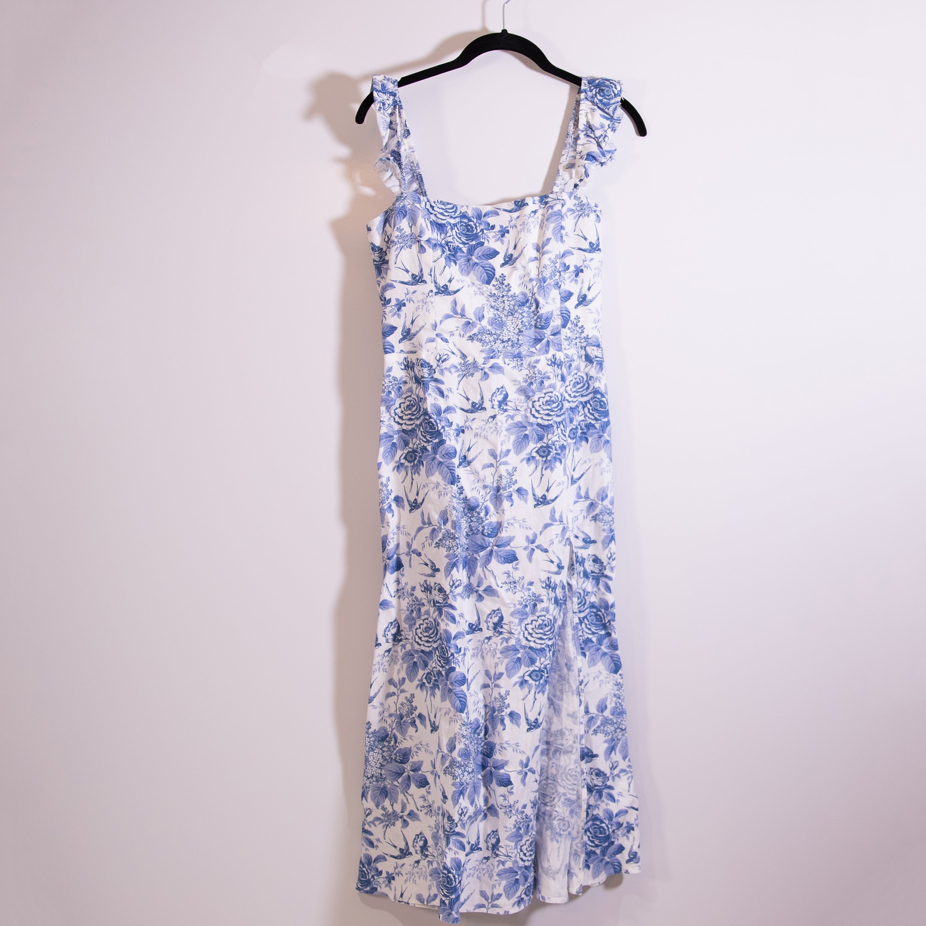 Reformation Spaulding Linen Ruffle Strap Slit Midi Dress Pompadour Blue White 8