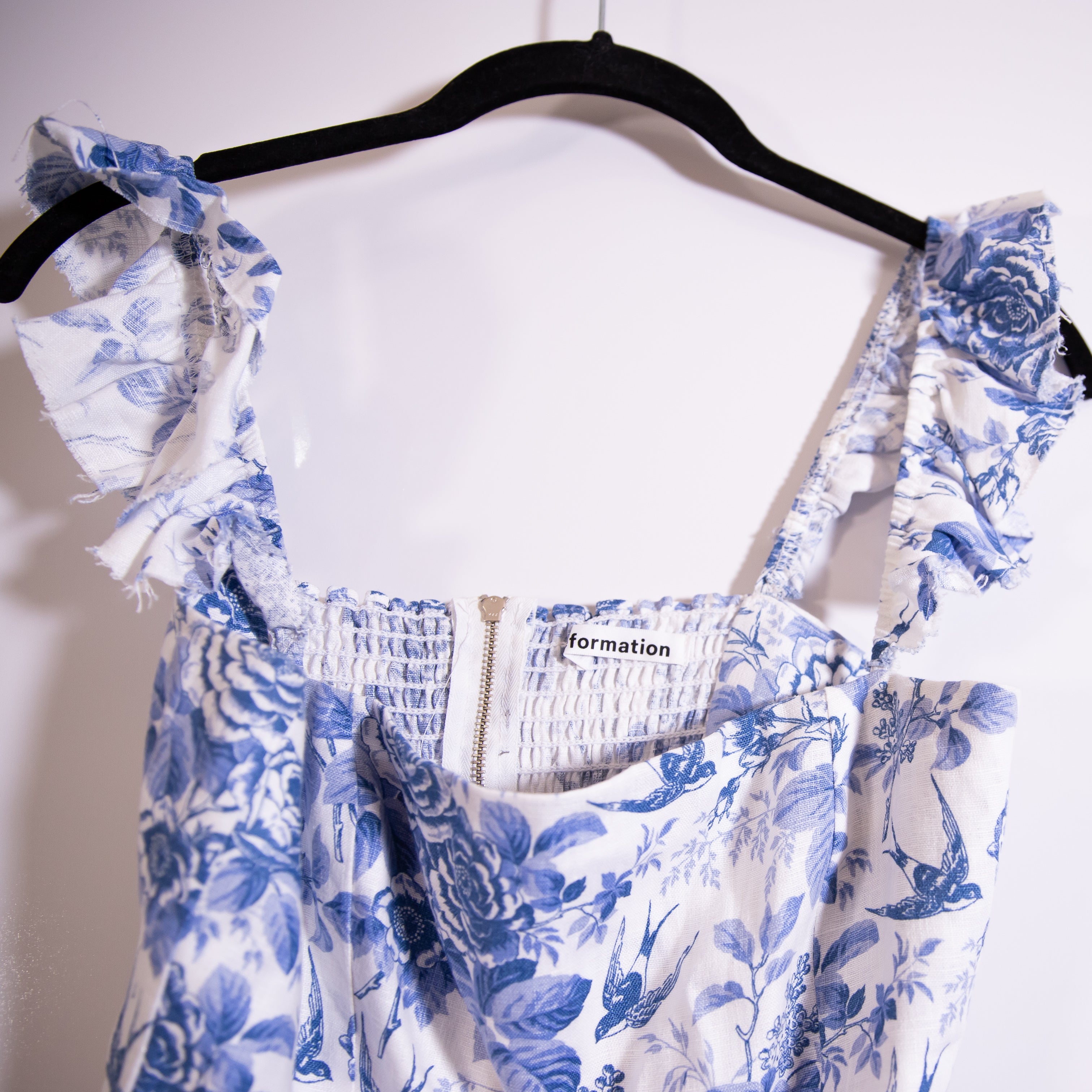 Reformation Spaulding Linen Ruffle Strap Slit Midi Dress Pompadour Blue White 8