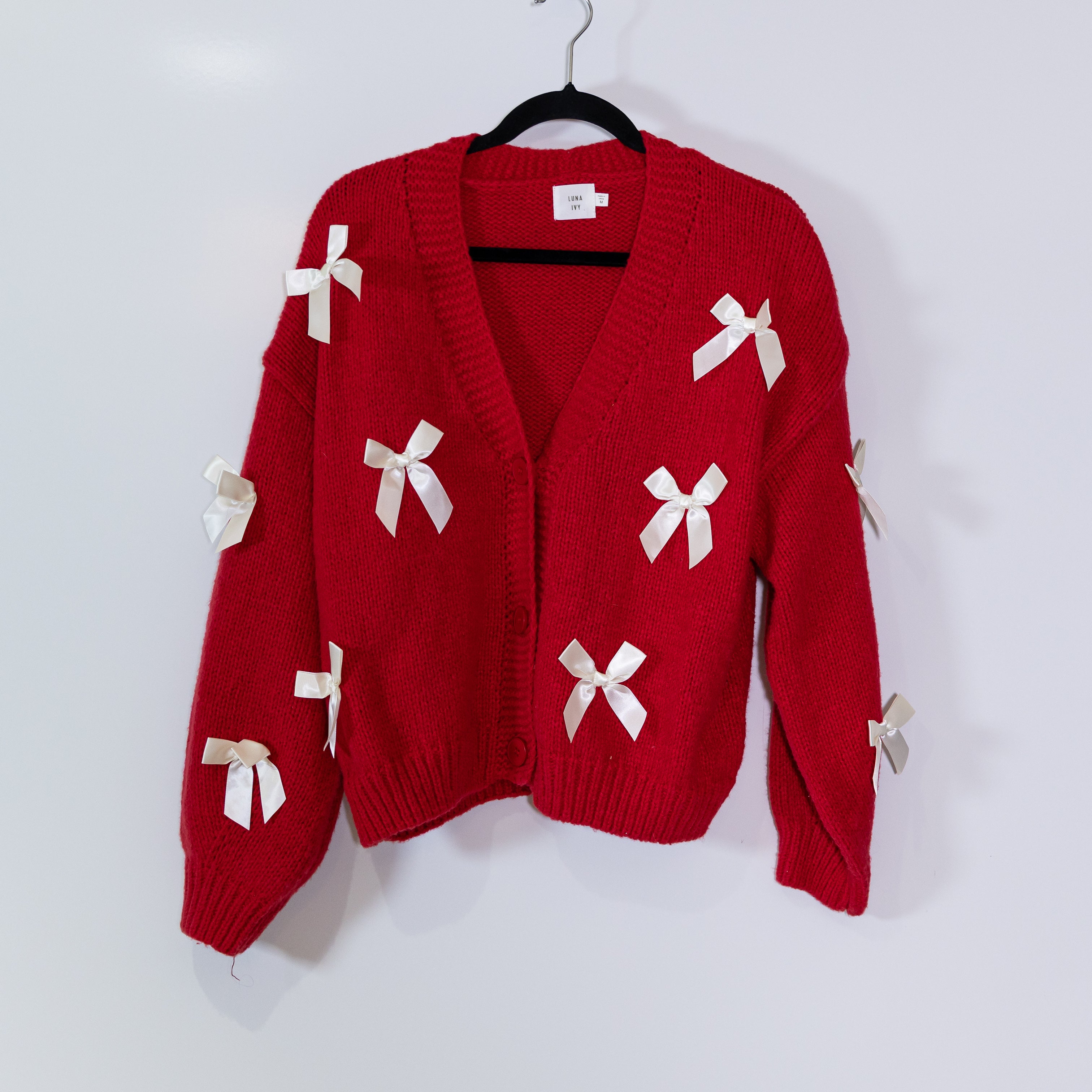 Luna Ivy Knit Stretch Button Front Satin Bow Embellished Cardigan Sweater Red M