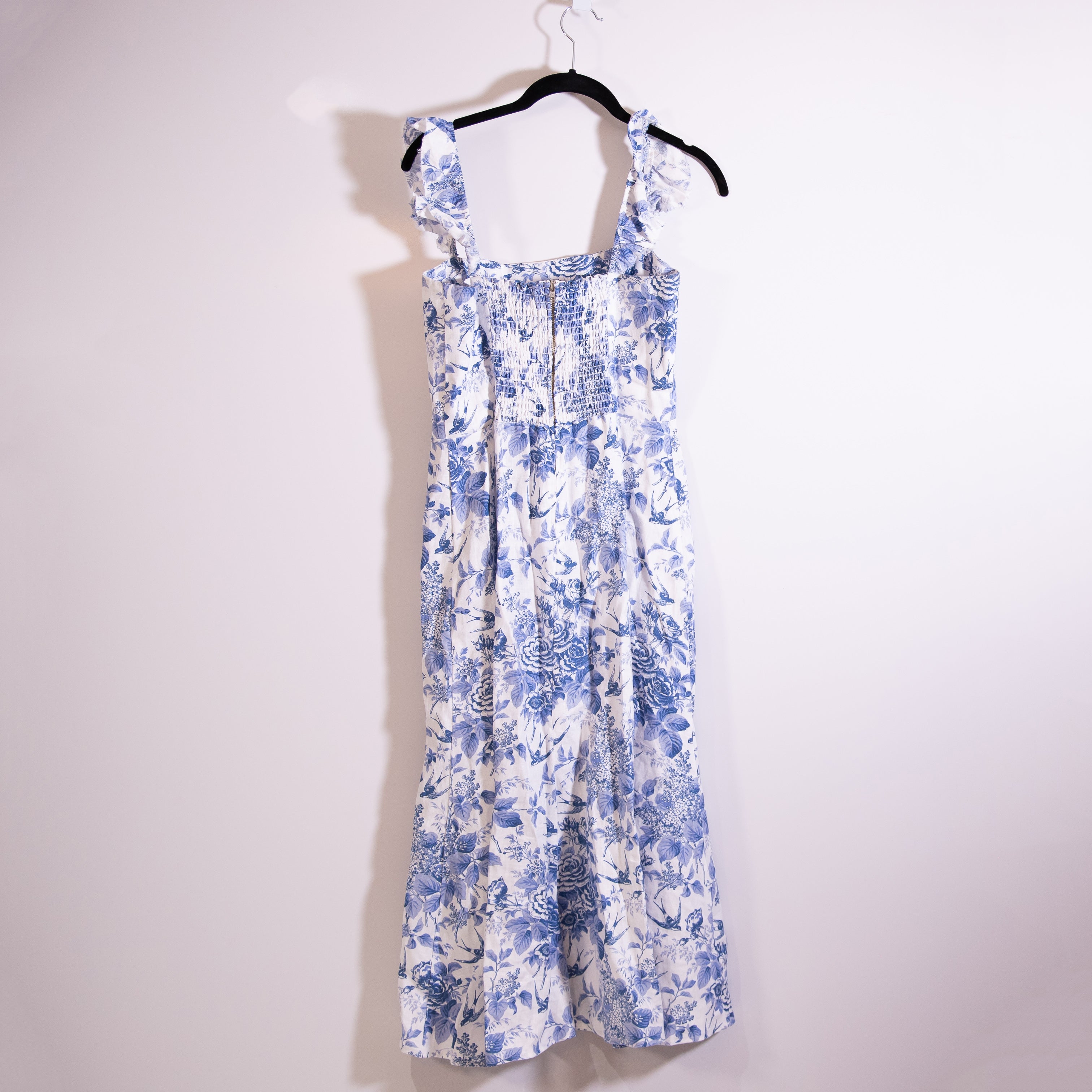 Reformation Spaulding Linen Ruffle Strap Slit Midi Dress Pompadour Blue White 8