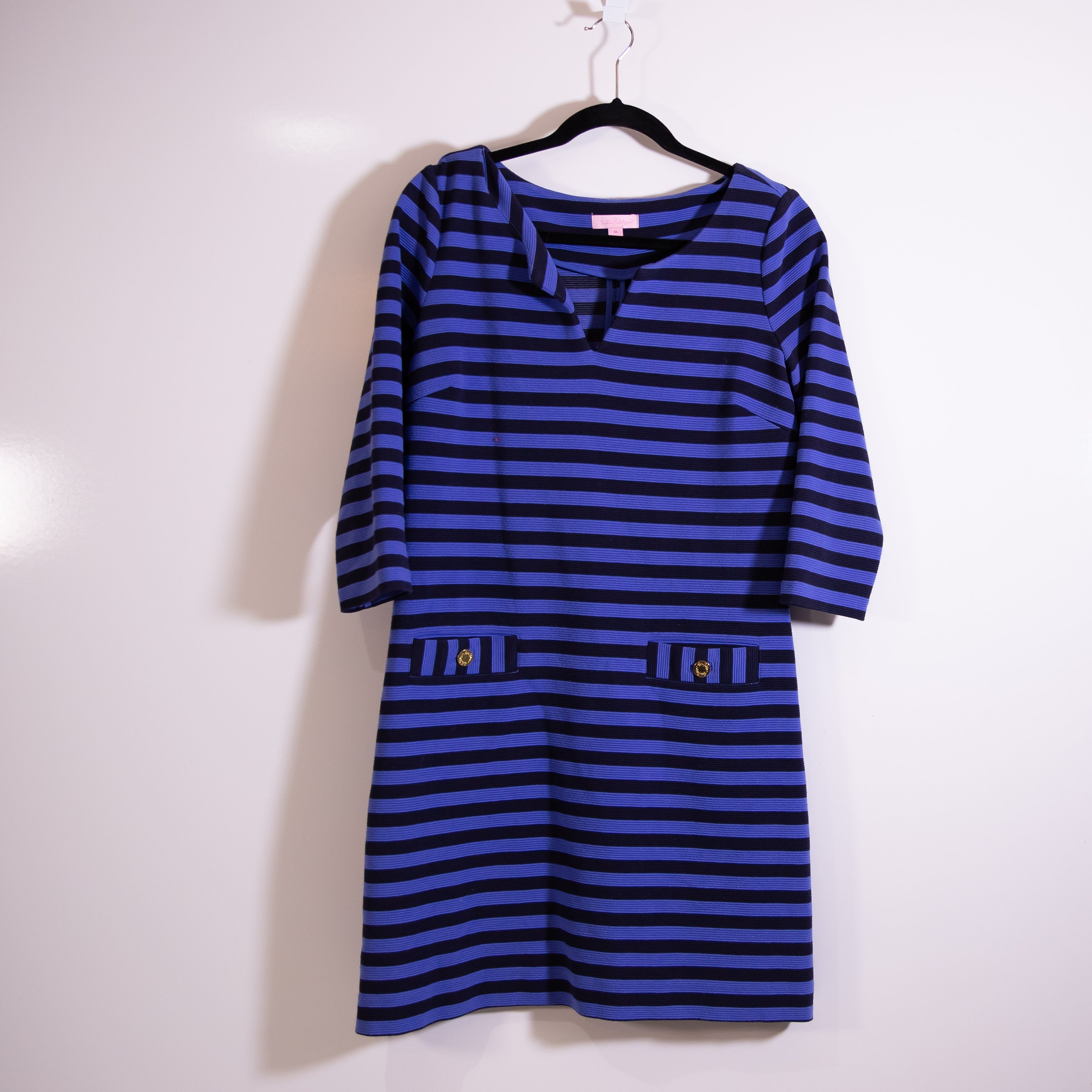 Lilly Pulitzer Charlene Cotton Blend Ribbed Knit Ottoman Navy Stripe Dress M