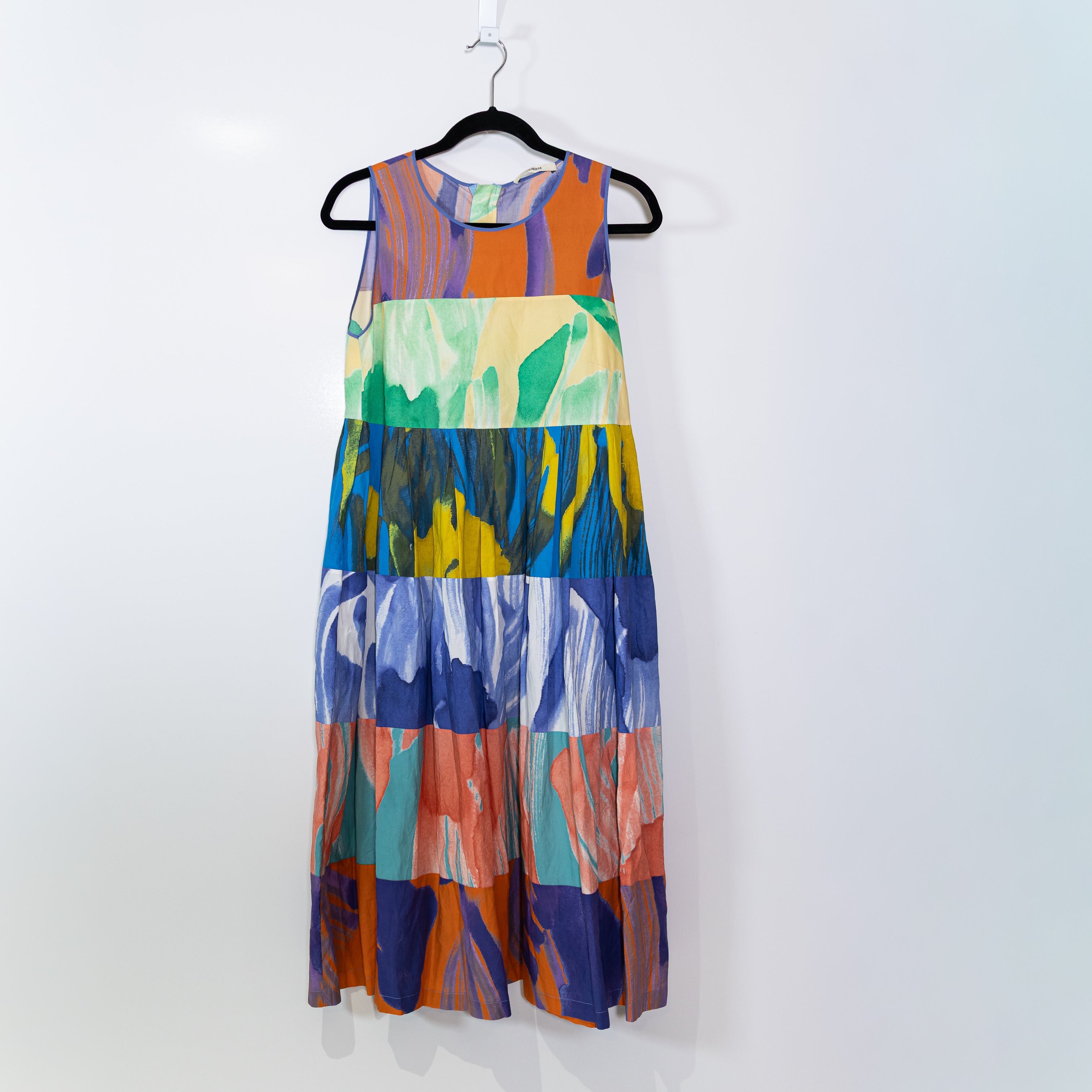 Odeeh Made In Italy Cotton Scoop Neck Sleeveless Tiered Midi Printed Dress Small