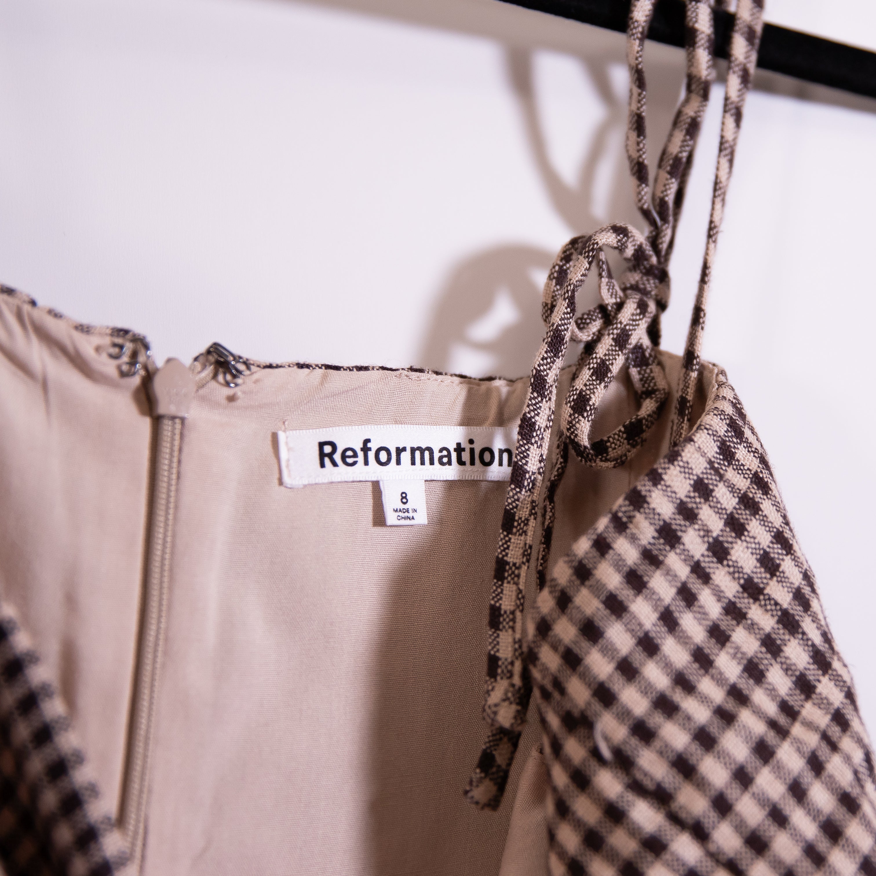 Reformation Tovianna Linen Square Neck Brown Houndstooth Tartine Mini Dress 8