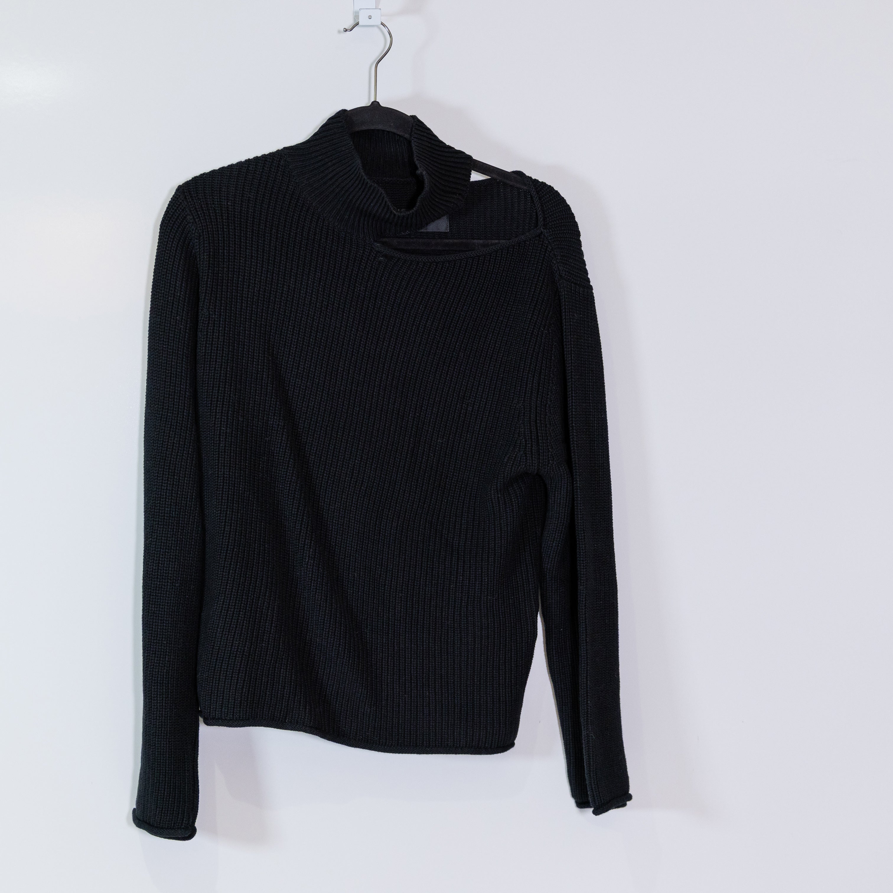 RTA Cotton Knit Stretch Mock Neck Cut Out Long Sleeve Pullover Sweater Black S