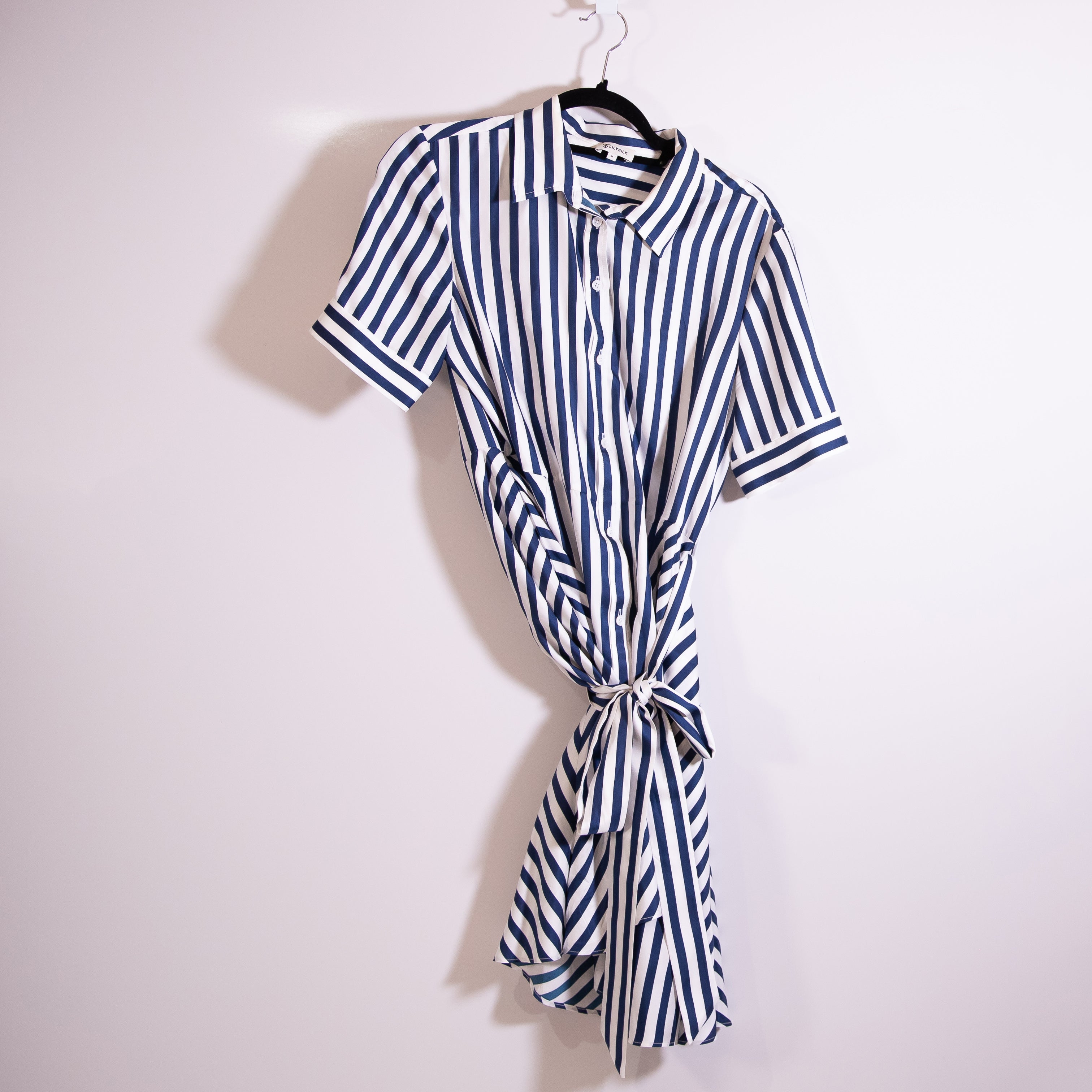 Lilysilk The Amalfi Stripe Silk Chiffon Shirtdress With Belt Blue White Stripe M