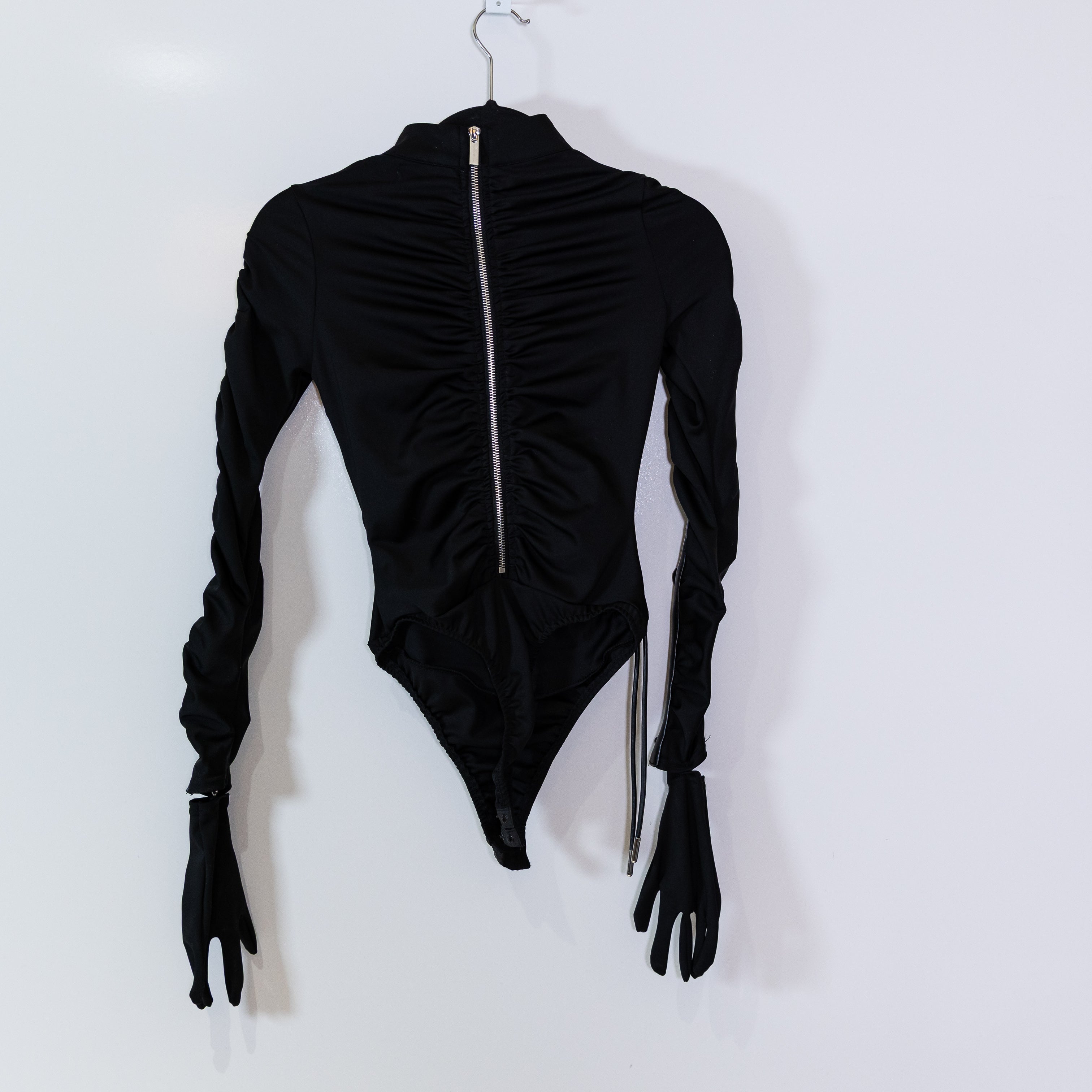 Maniere De Voir Glove One Piece Long Sleeve Bodysuit Mockneck With Ruching Black
