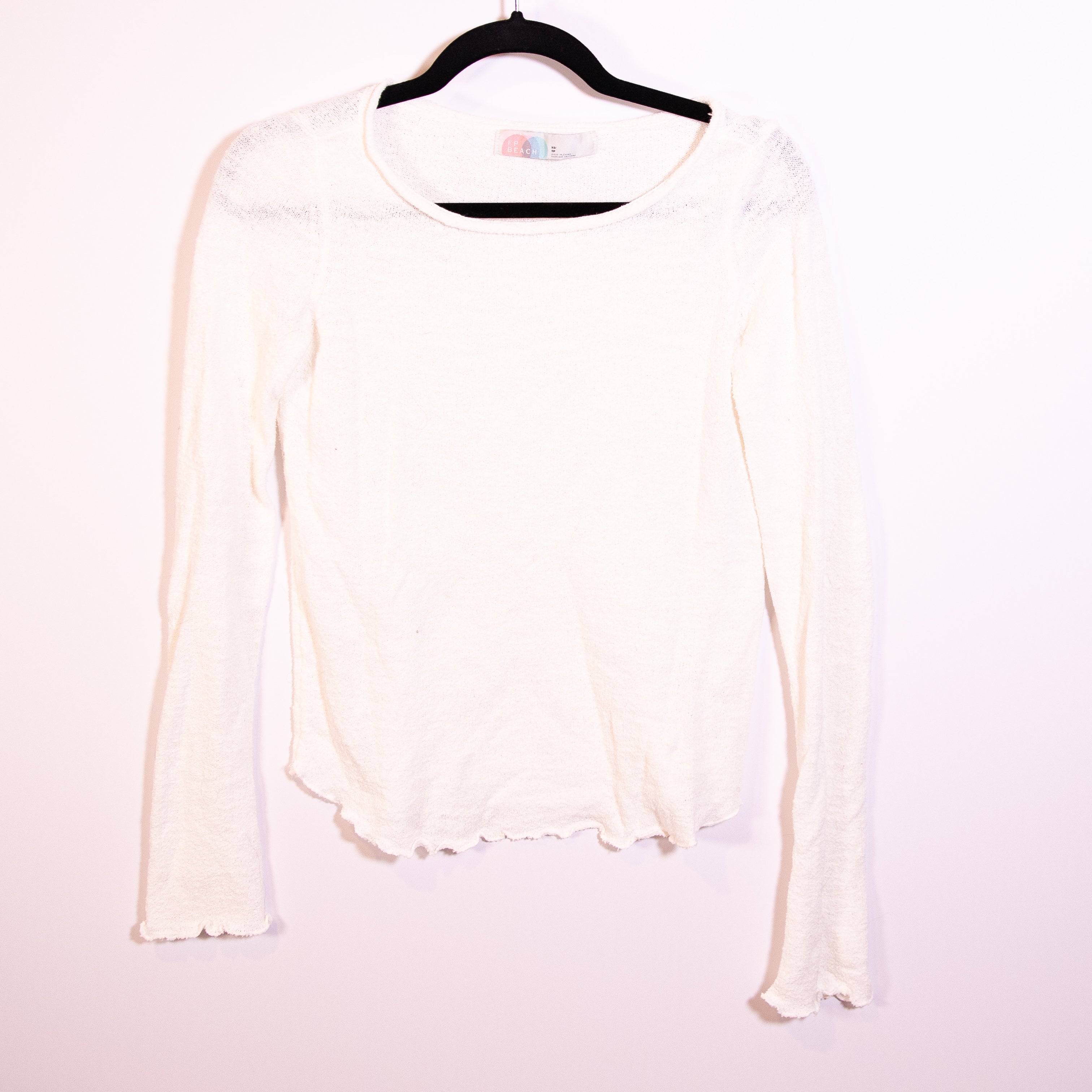 Free People Cotton Blend Stretch Knit Scoop Neck Lettuce Bib Ruffle Hem Sweater