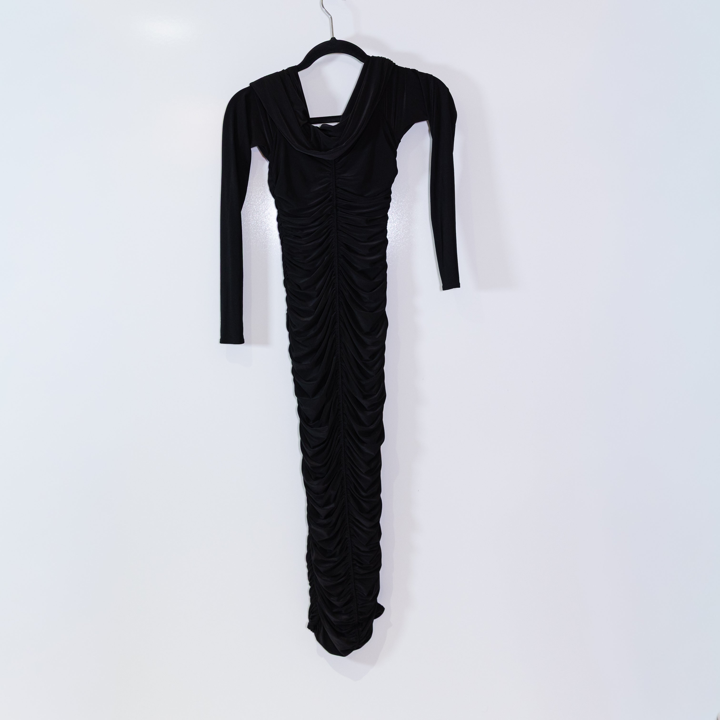 NEW Naked Wardrobe Ruched Jersey Knit Stretch Cowl Neck Bodycon Maxi Dress Black