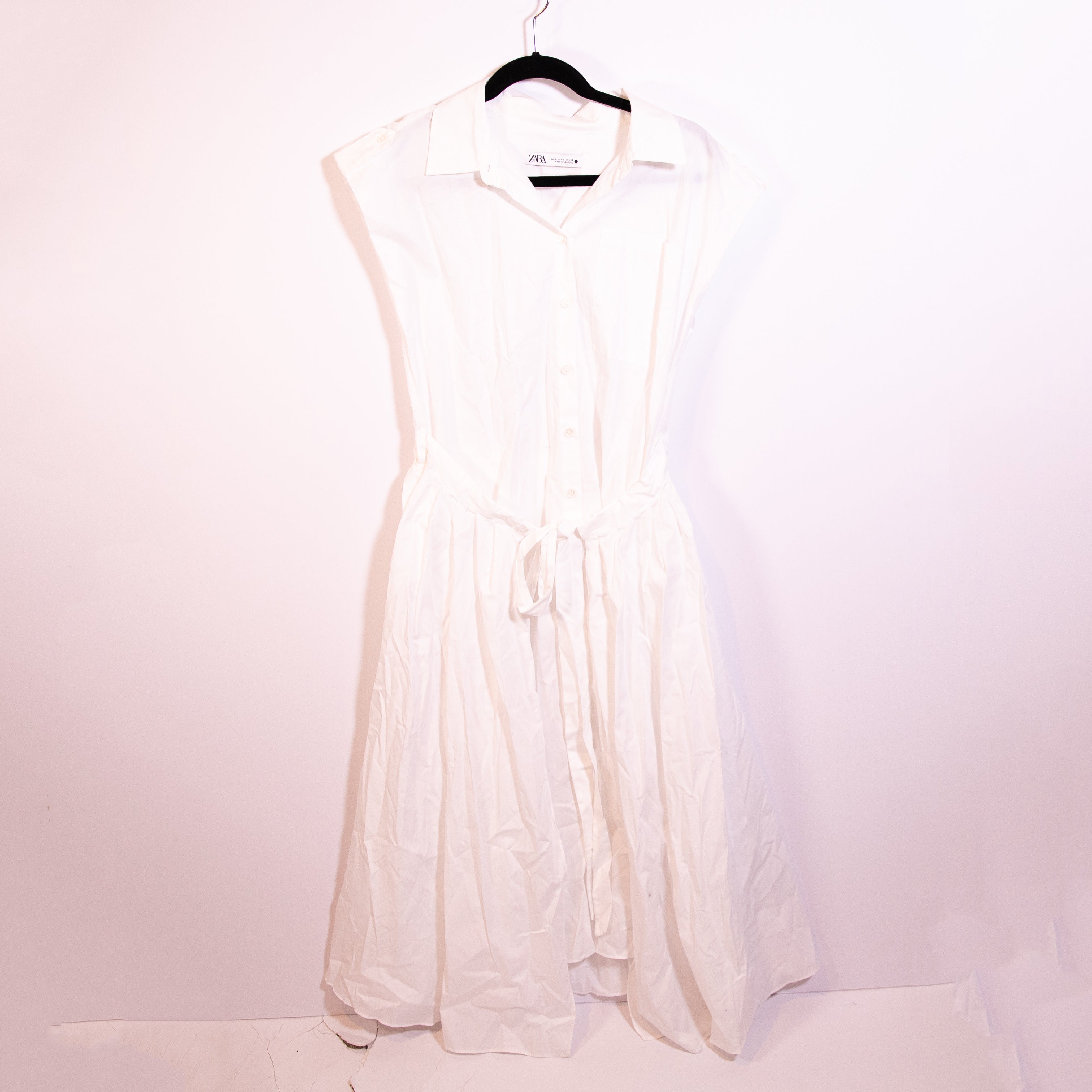 Zara Cotton Poplin Collared Short Sleeve Button Front Tie Waist Midi Dress White