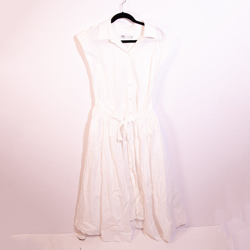 Zara Cotton Poplin Collared Short Sleeve Button Front Tie Waist Midi Dress White