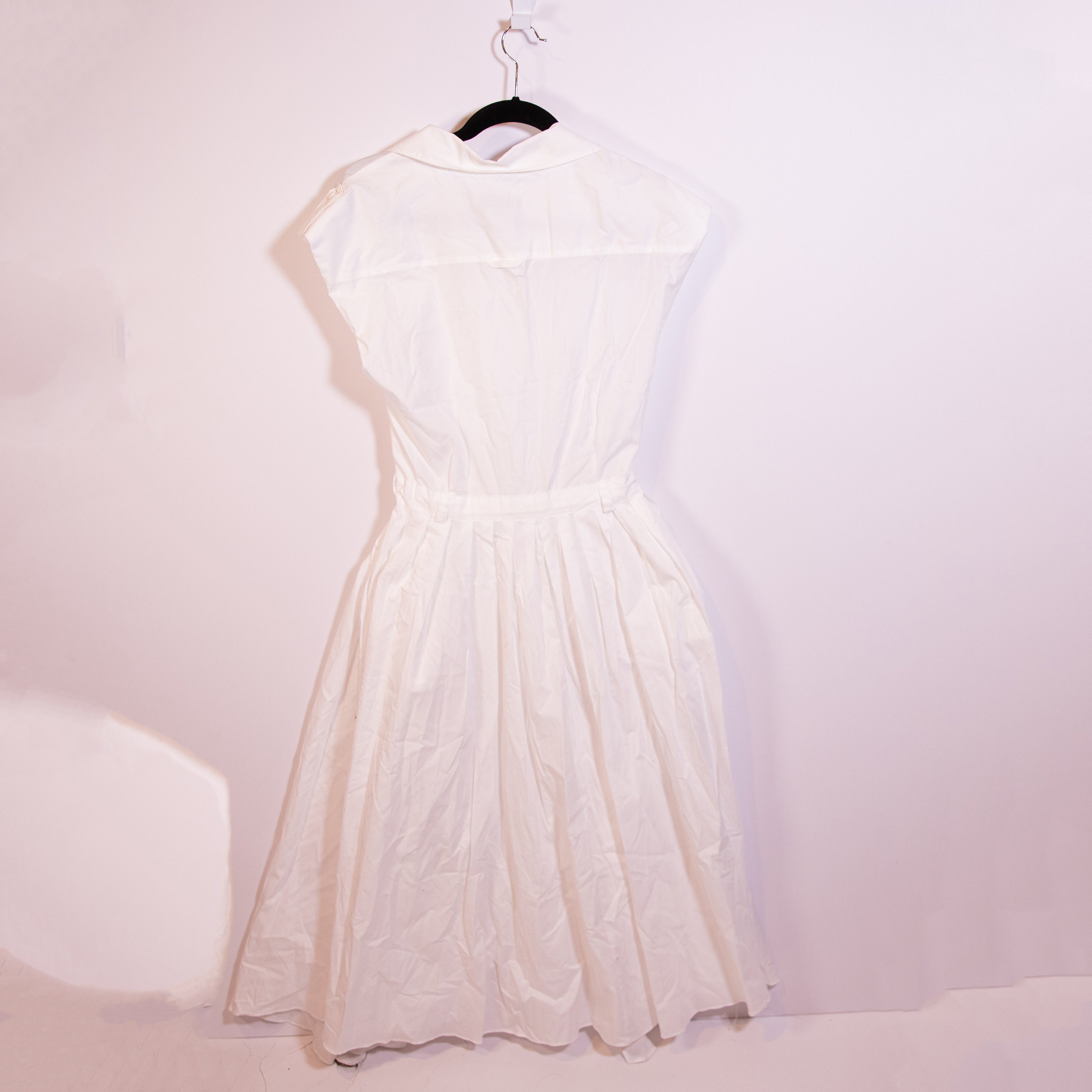 Zara Cotton Poplin Collared Short Sleeve Button Front Tie Waist Midi Dress White