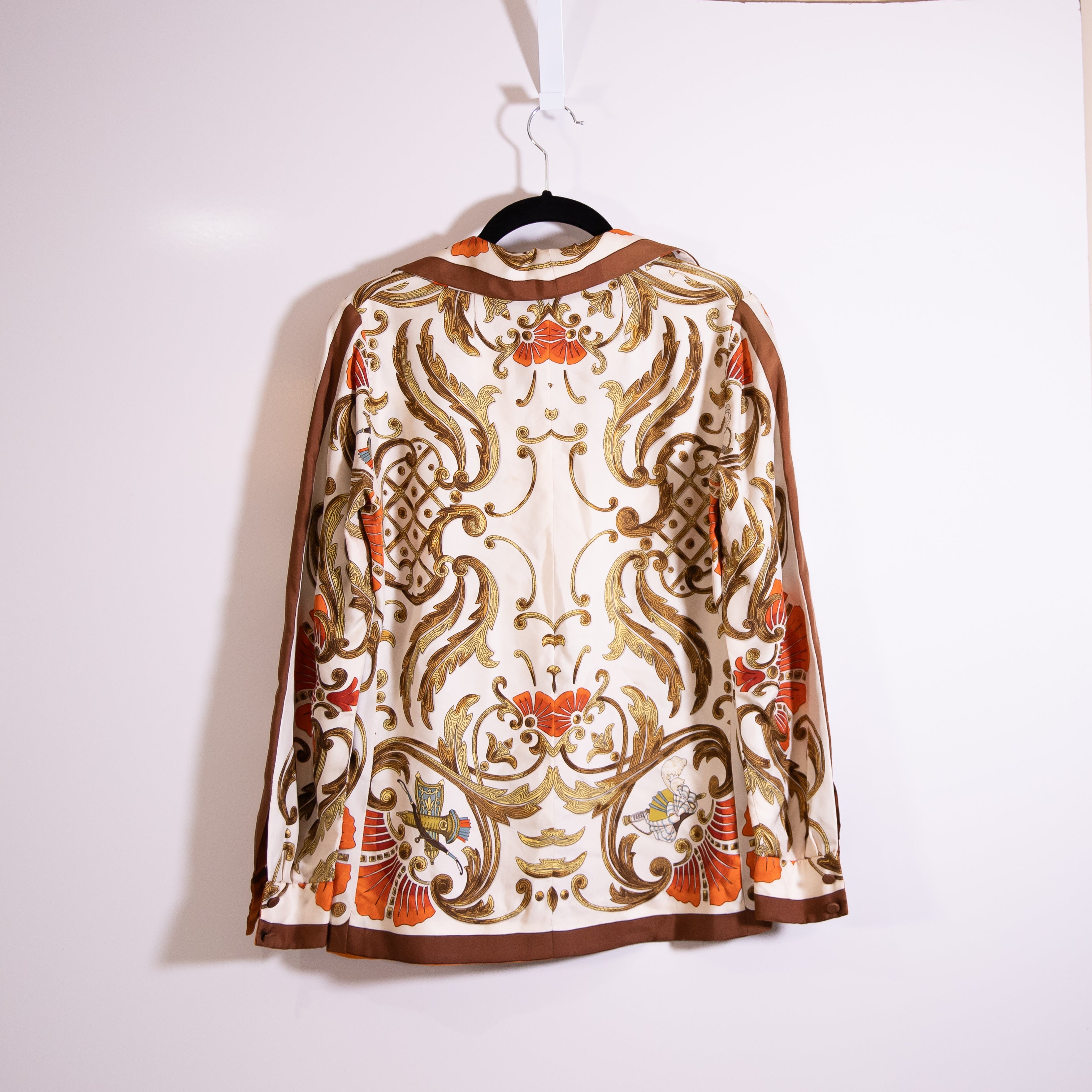 Hermes Paris Vintage Silk Chiffon Printed Collar V Neck Long Sleeve Blouse