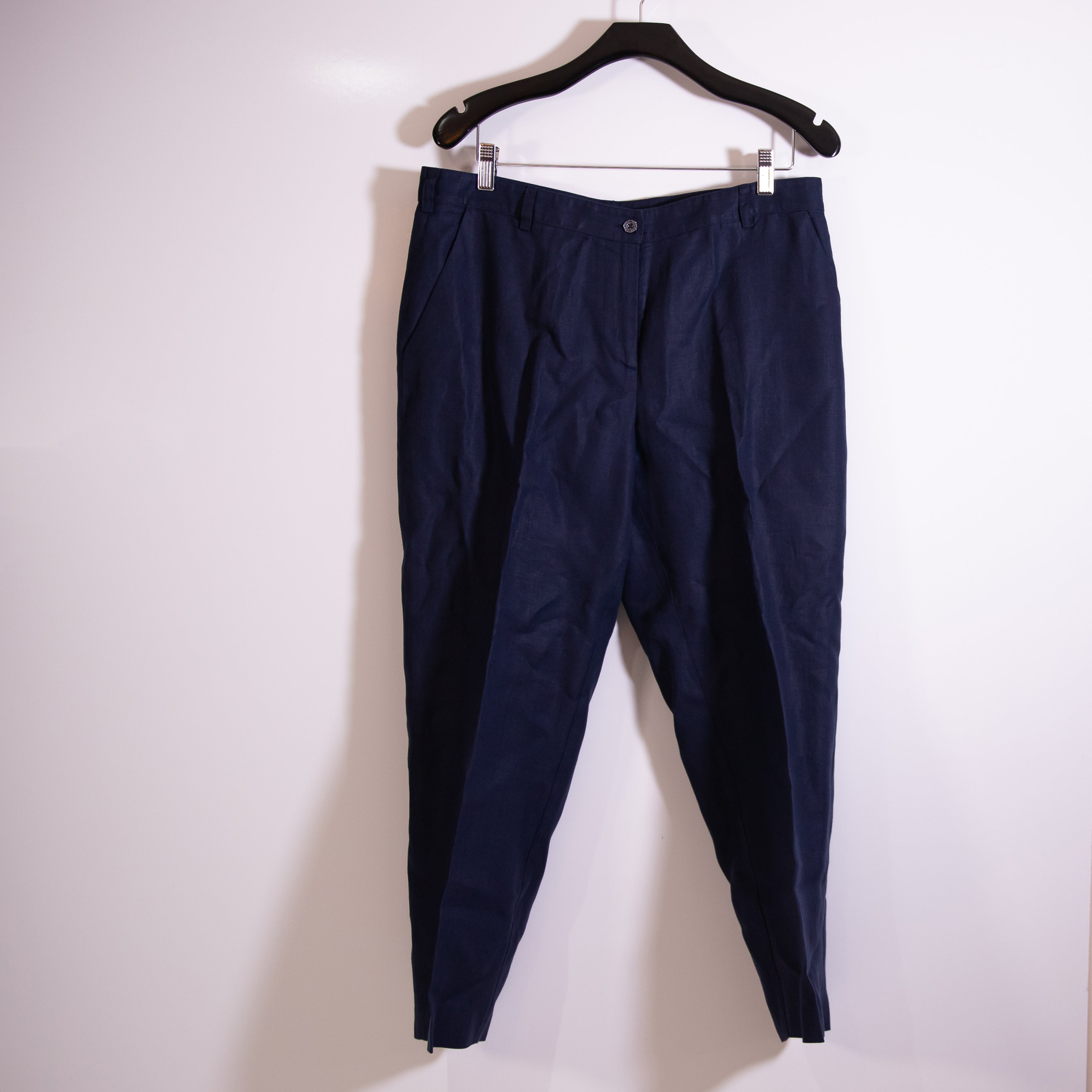 Socapri Linen Mid Rise Straight Leg Ankle Crop Trouser Pants Navy Blue Large
