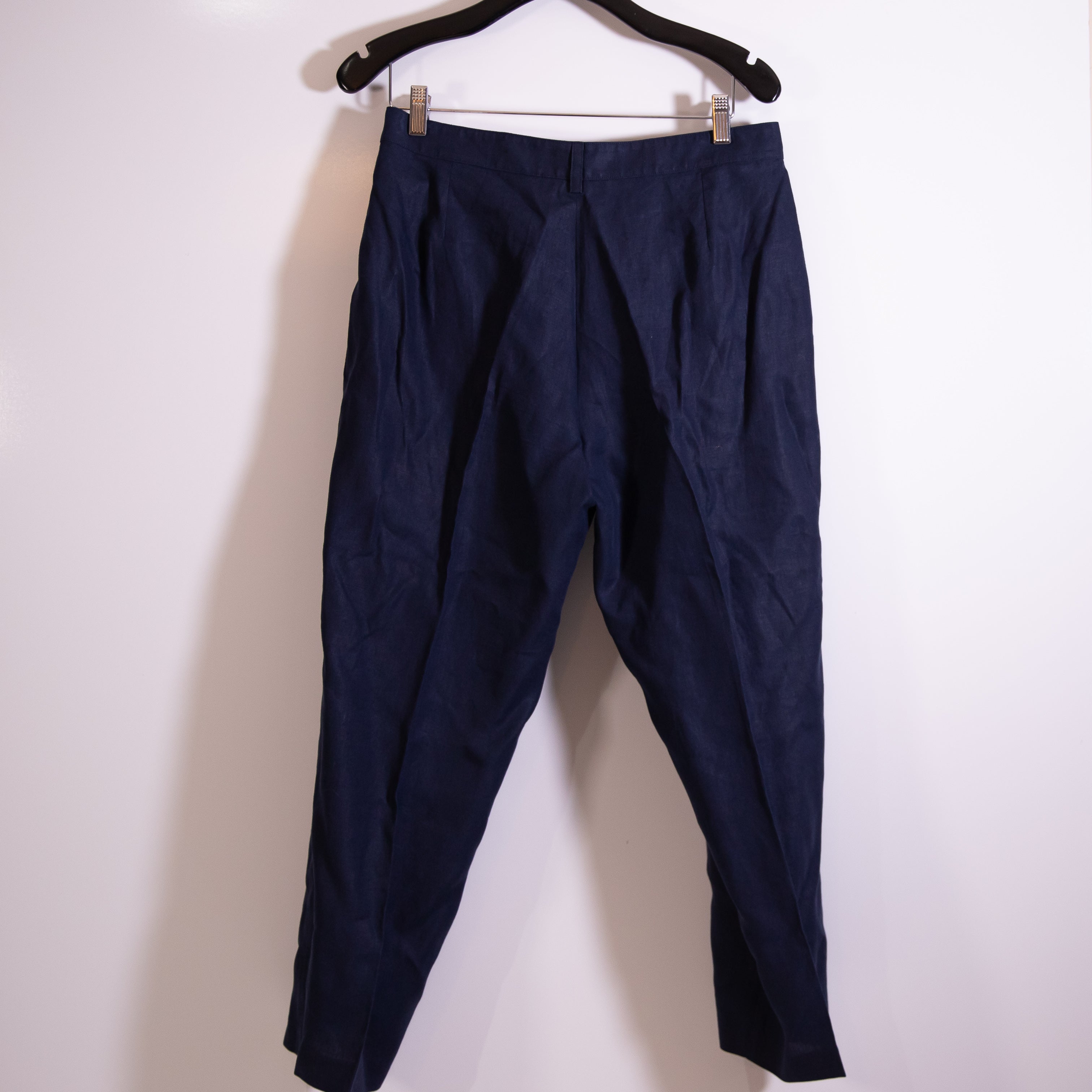 Socapri Linen Mid Rise Straight Leg Ankle Crop Trouser Pants Navy Blue Large