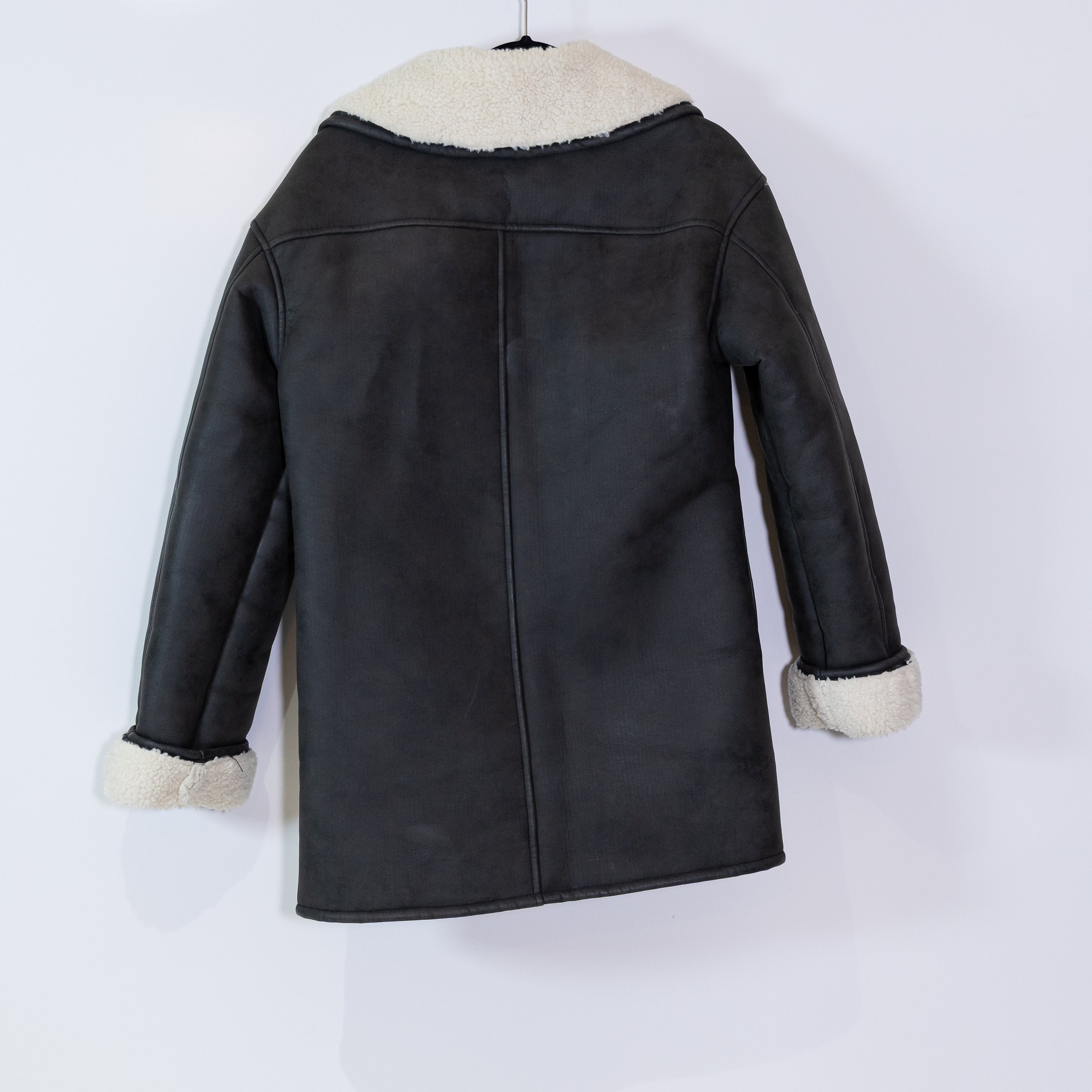 Eaves Leon Faux Leather Shearling Lined Double Breasted Jacket Coat Washed Black