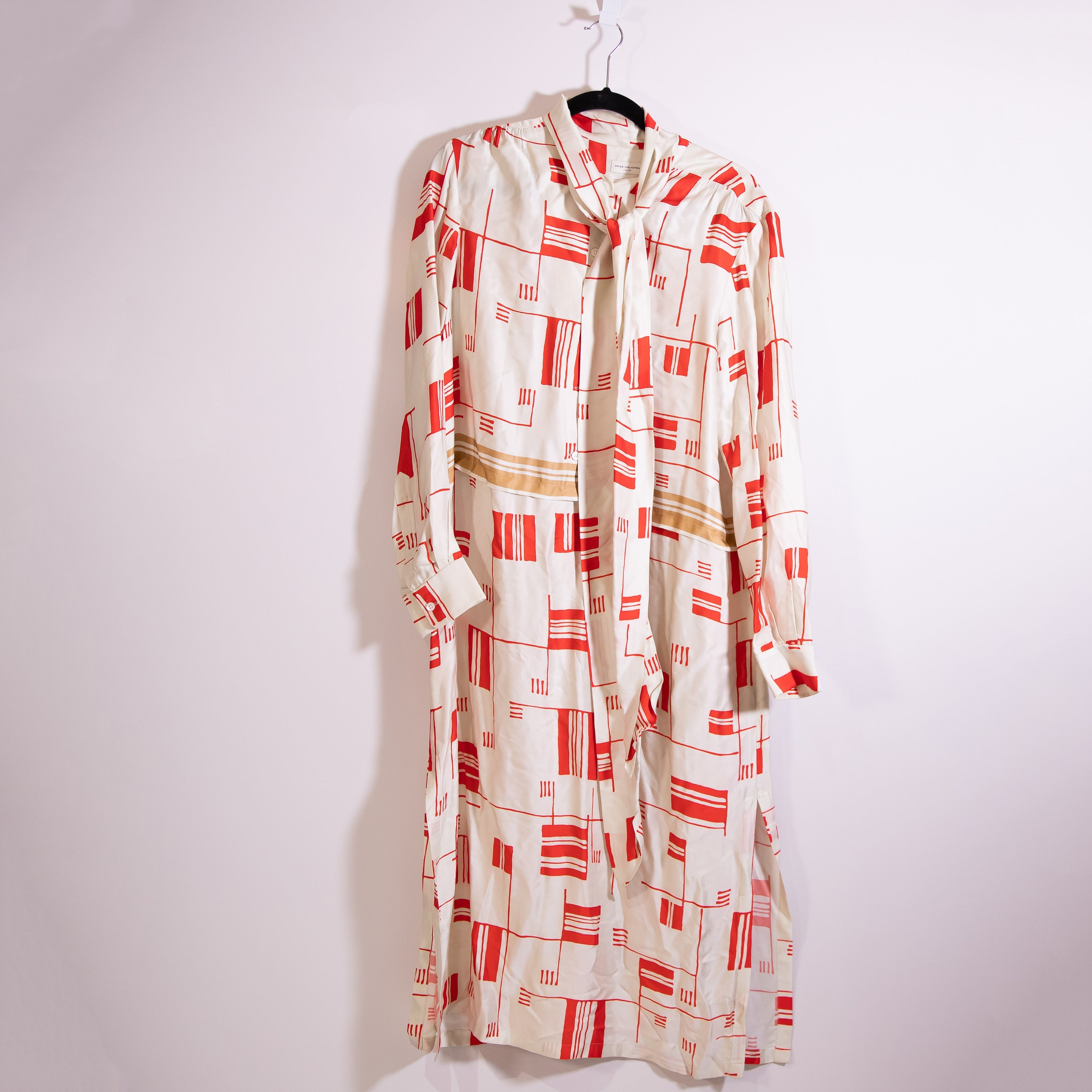 Dries Van Noten Satin Tie Neck Collar Geometric Print Pattern Pullover Dress L