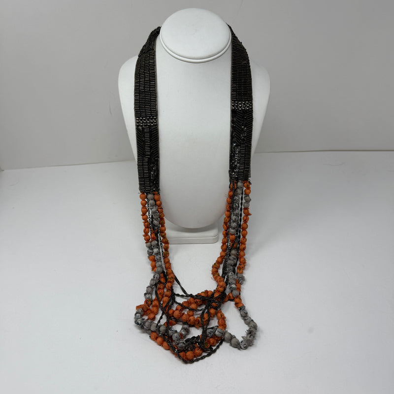 Chan Luu Silk Fabric Chiffon Beaded Embroidered Chain Link Long Draped Necklace