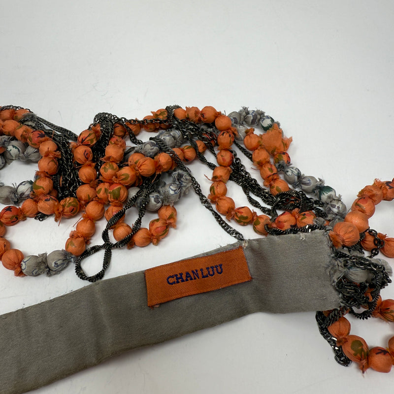 Chan Luu Silk Fabric Chiffon Beaded Embroidered Chain Link Long Draped Necklace