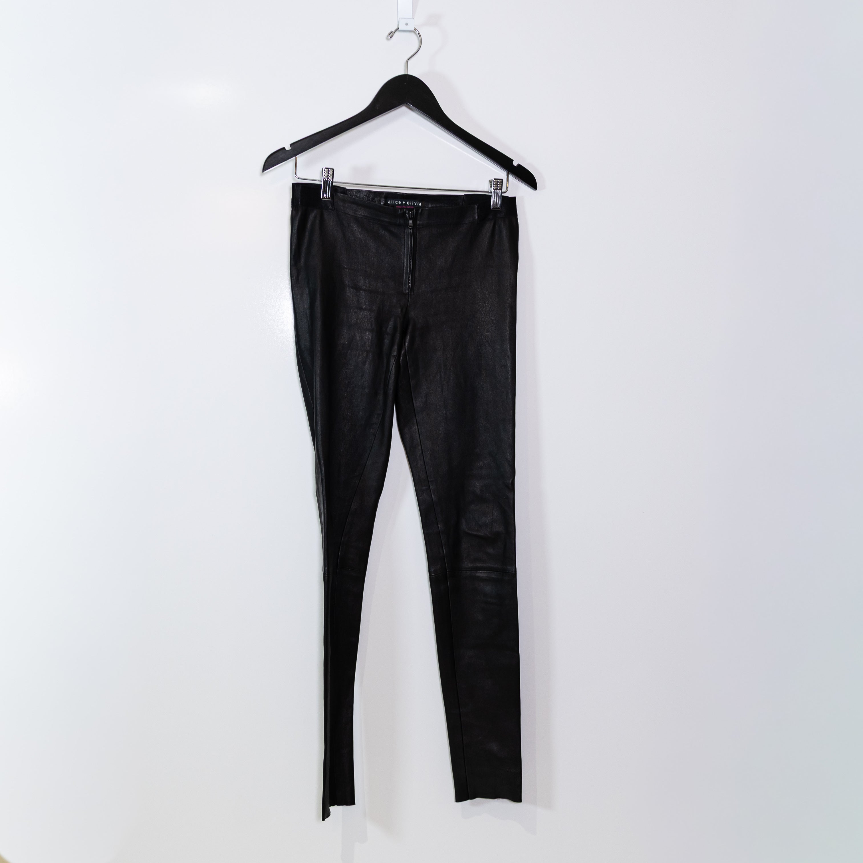 Alice And Olivia Women's Genuine Leather Mid Rise Zip Front Skinny Leggings Pant