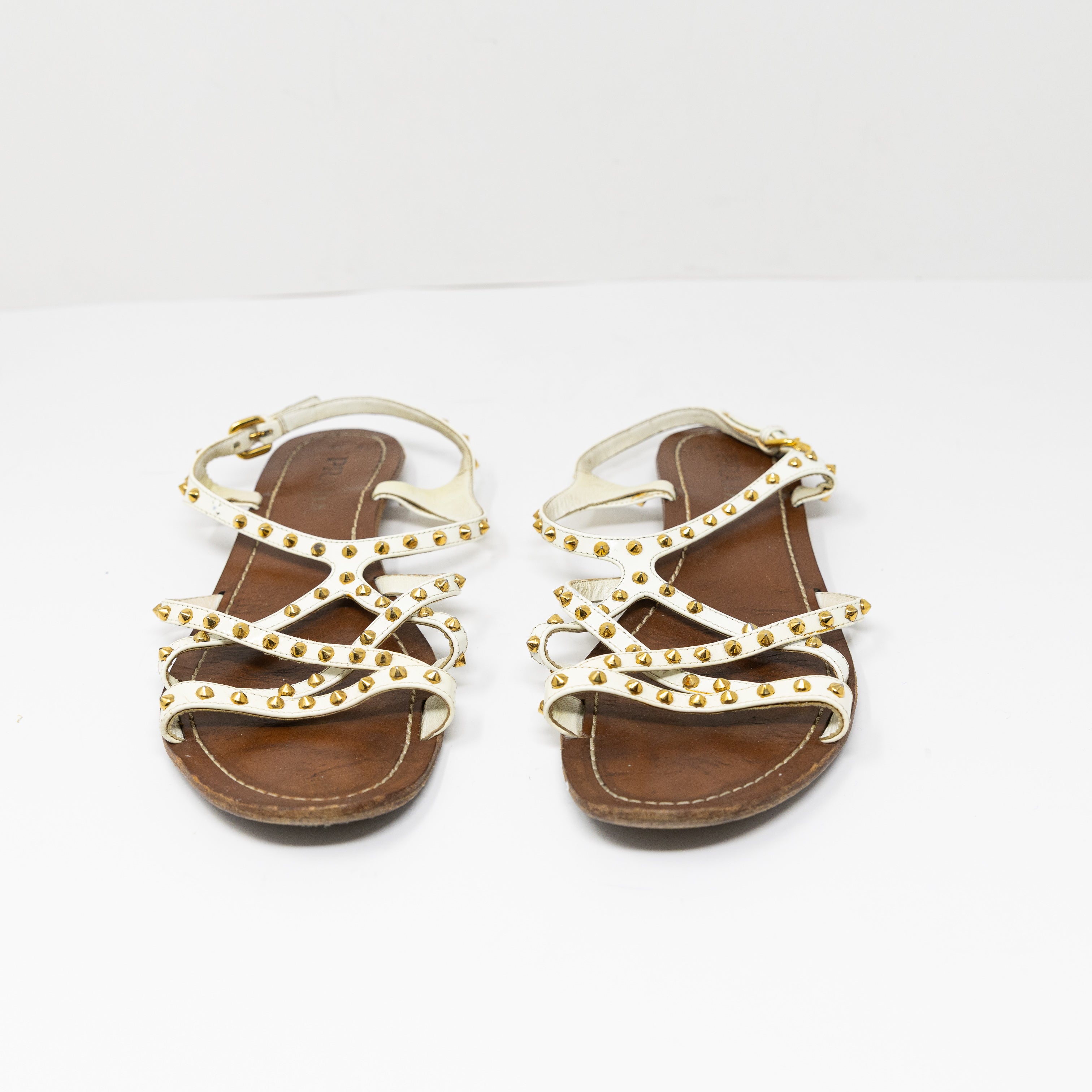 Prada Made In Italy Genuine Leather Studded Embellished Open Toe Flat Sandals