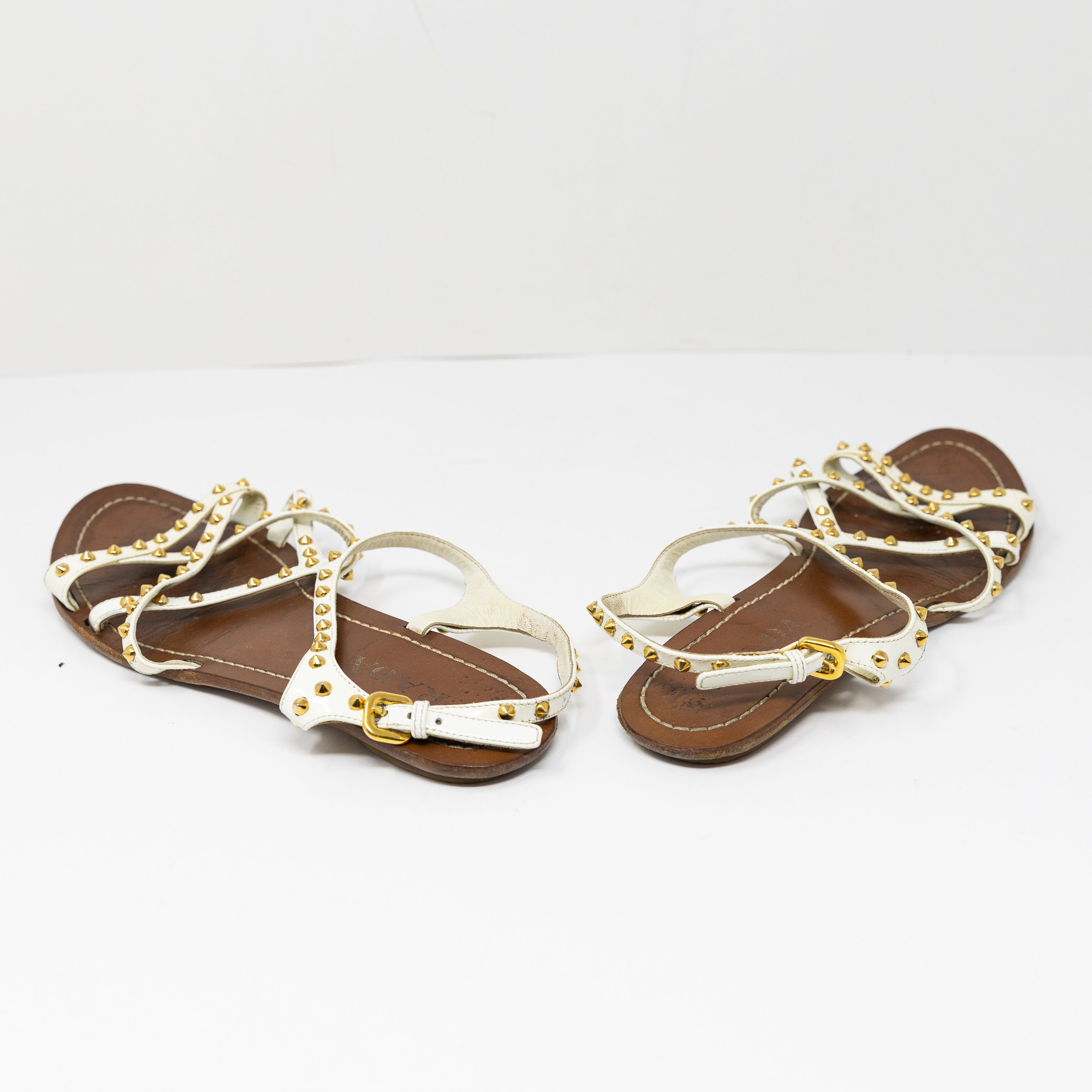 Prada Made In Italy Genuine Leather Studded Embellished Open Toe Flat Sandals