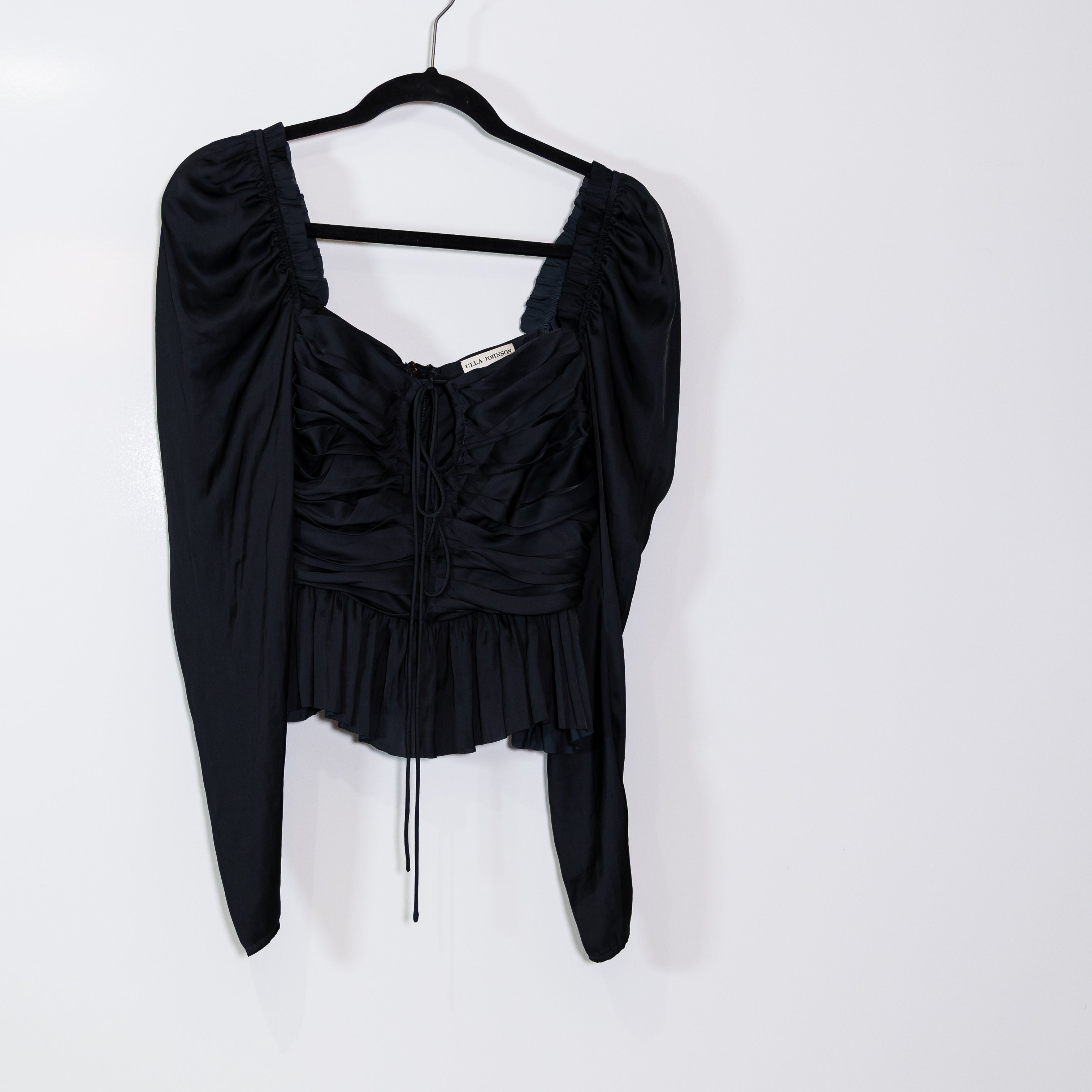 Ulla Johnson Mirelle Satin Ruched Ruffle Long Sleeve Blouse Top Noir Black 4
