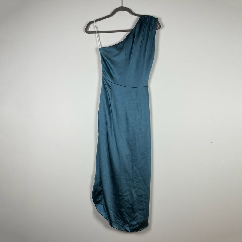 NEW Elliatt Cassini Rose Satin Asymmetrical Draped Ruched Midi Dress Cadet Blue