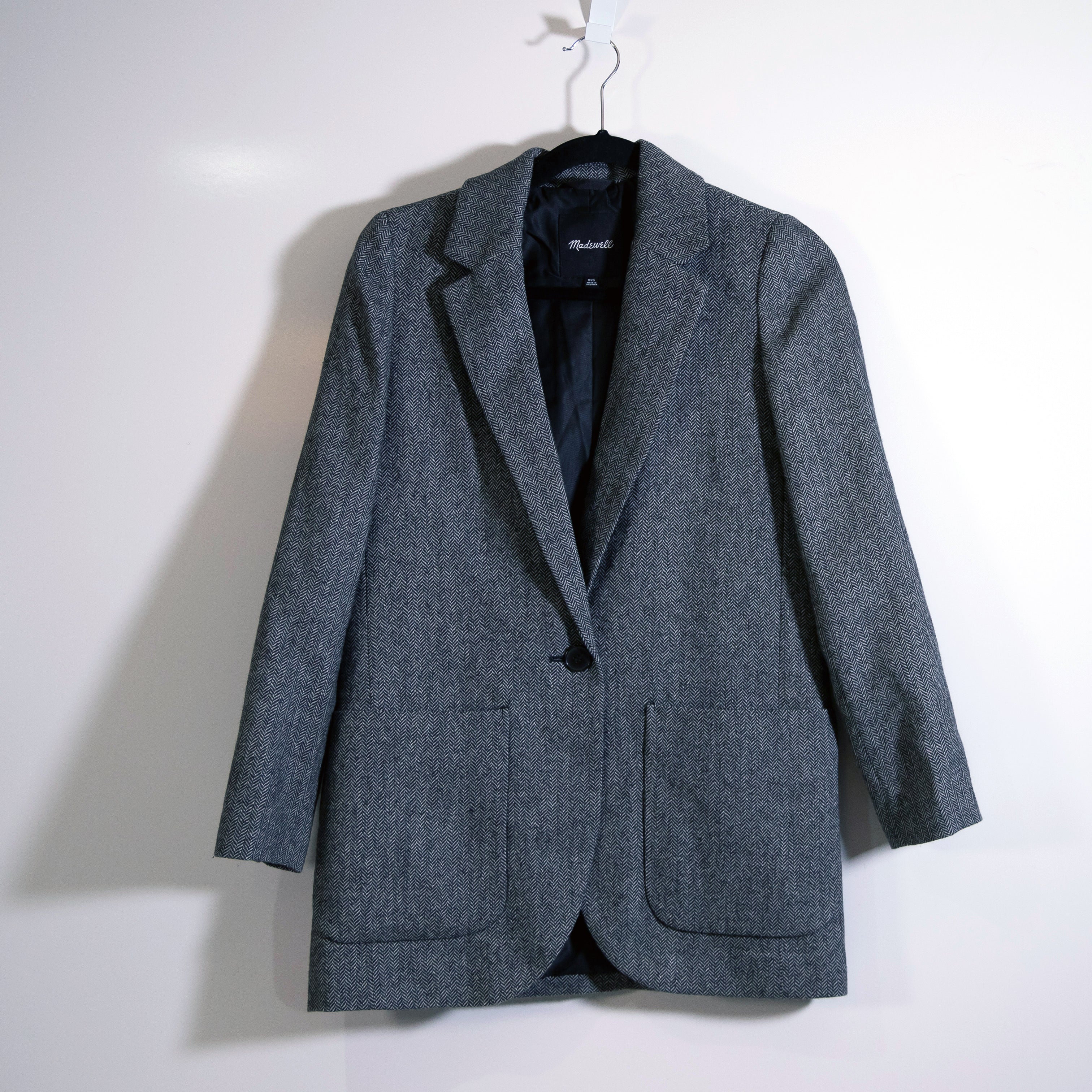 Madewell Women's Larsen Wool Blend One Button Blazer Jacket Herringbone Black
