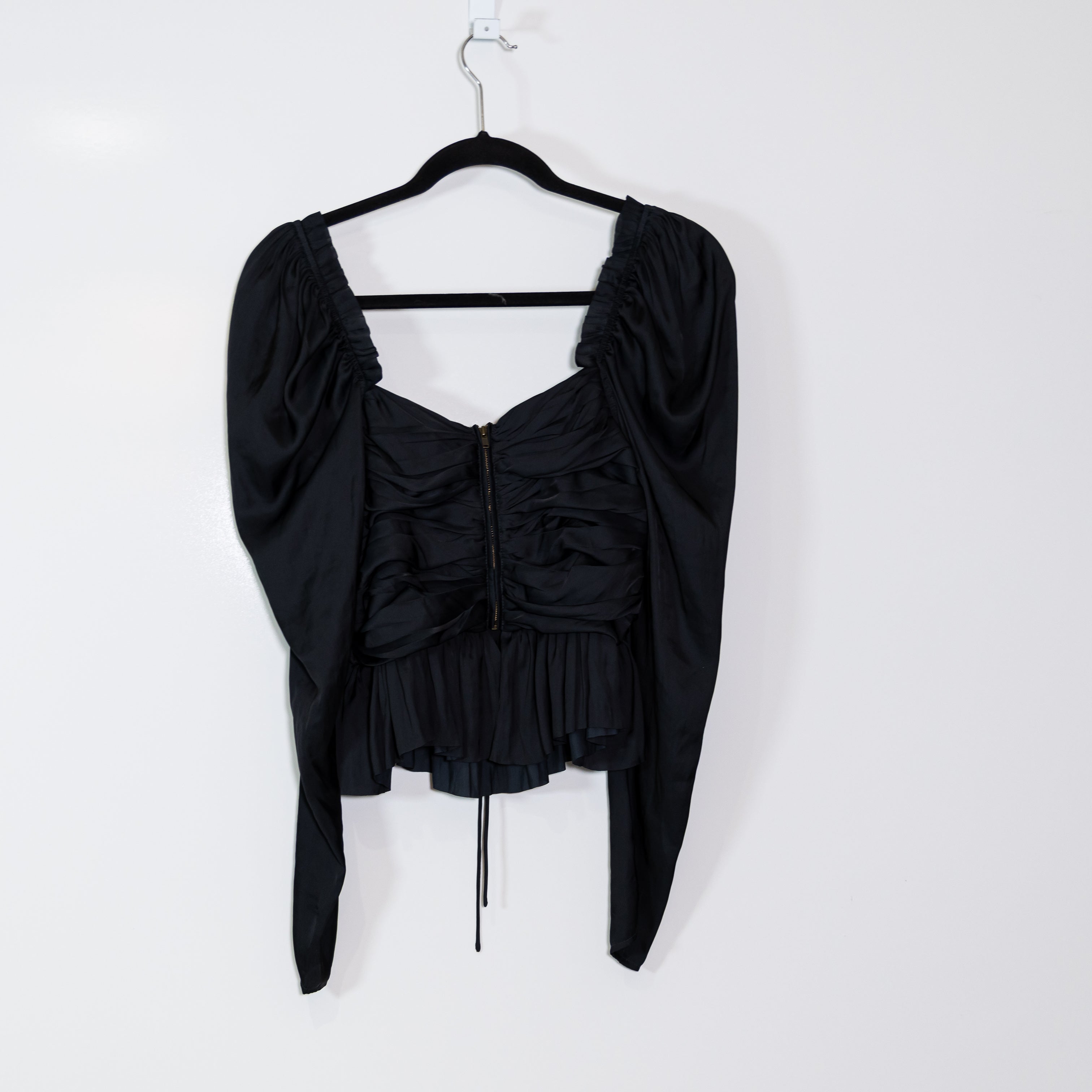 Ulla Johnson Mirelle Satin Ruched Ruffle Long Sleeve Blouse Top Noir Black 4