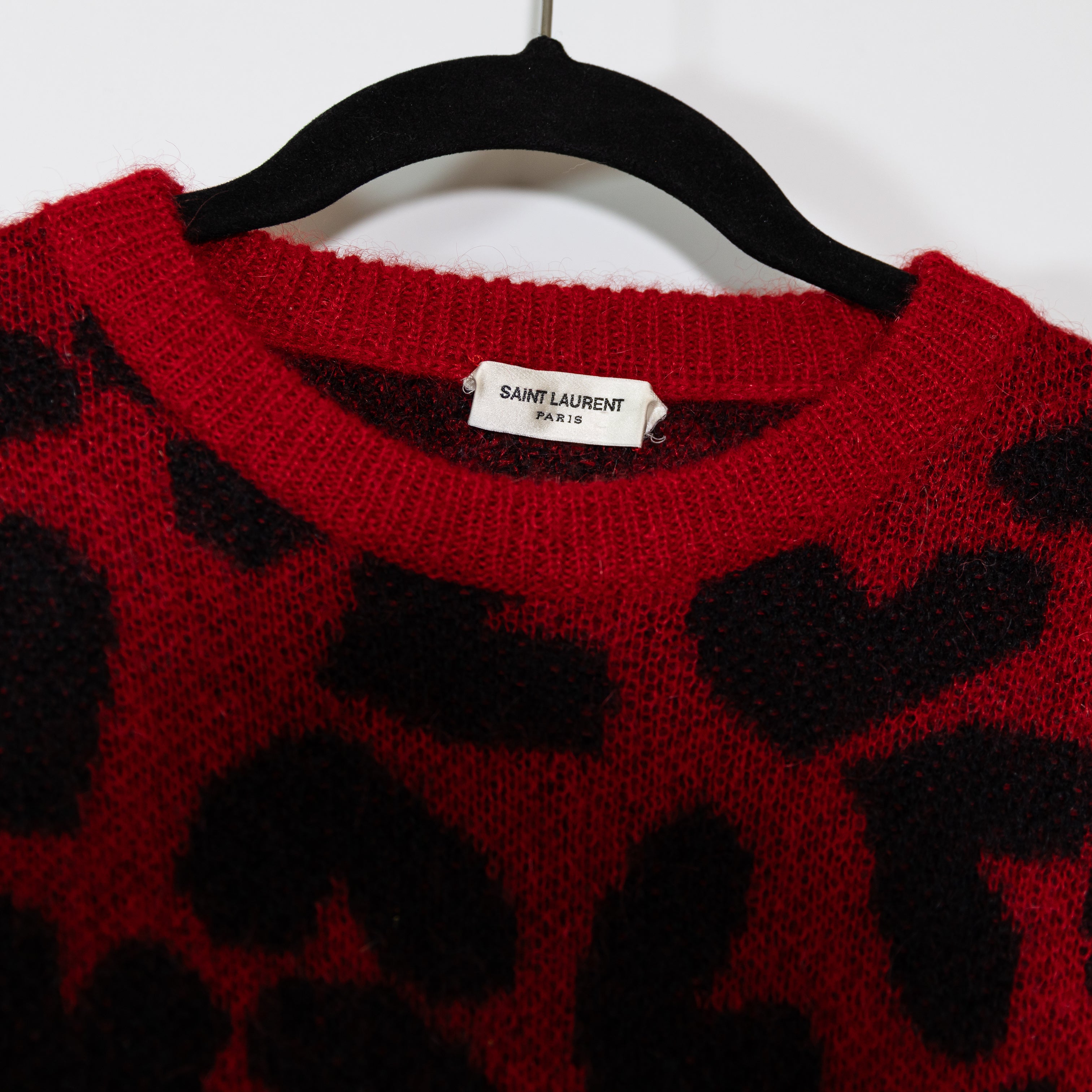 SAINT LAURENT Paris Wool Mohair Knit Heart Print Pattern Crew Neck Sweater Red