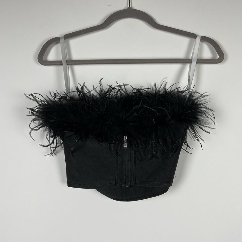 Superdown Ramona Bustier Strapless Feather Trim Corset Crop Tank Top Black XS