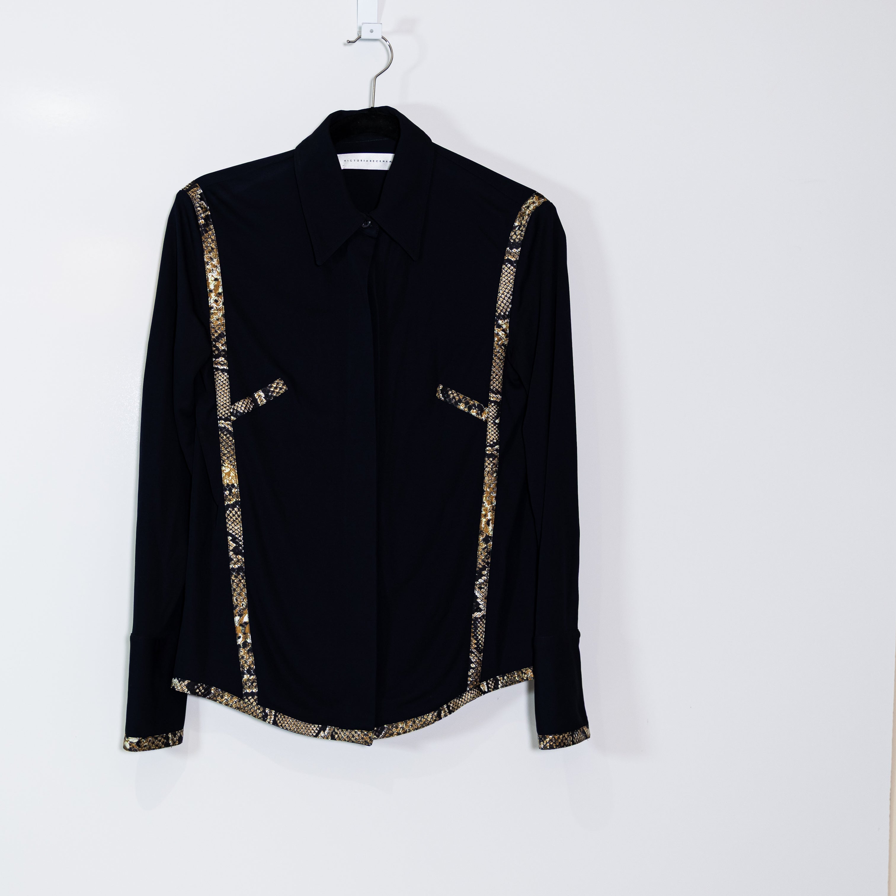 Victoria Beckham Women's Chiffon Silk Lined Contrast Snake Python Trim Blouse 4