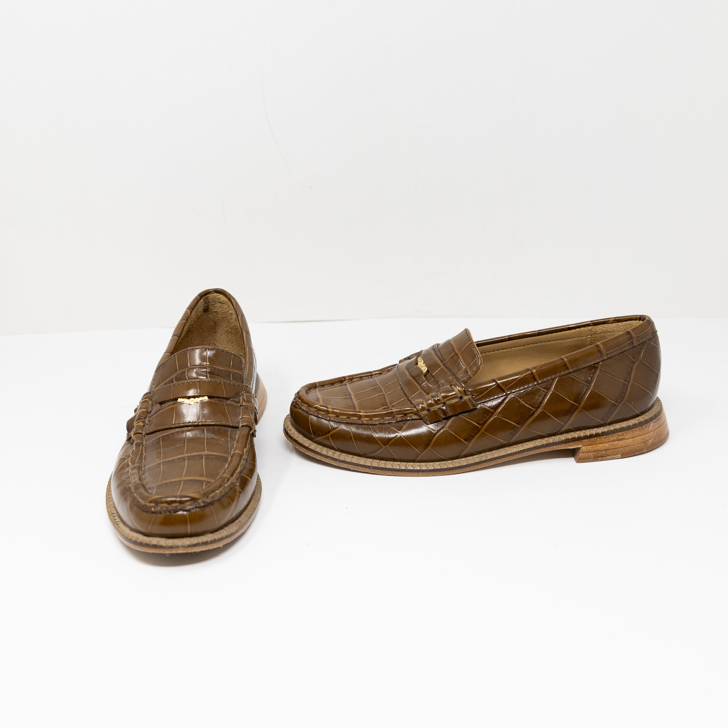 Freda Salvador Elba Italian Leather Penny Loafer Hickory Embossed Croc Shoes 7