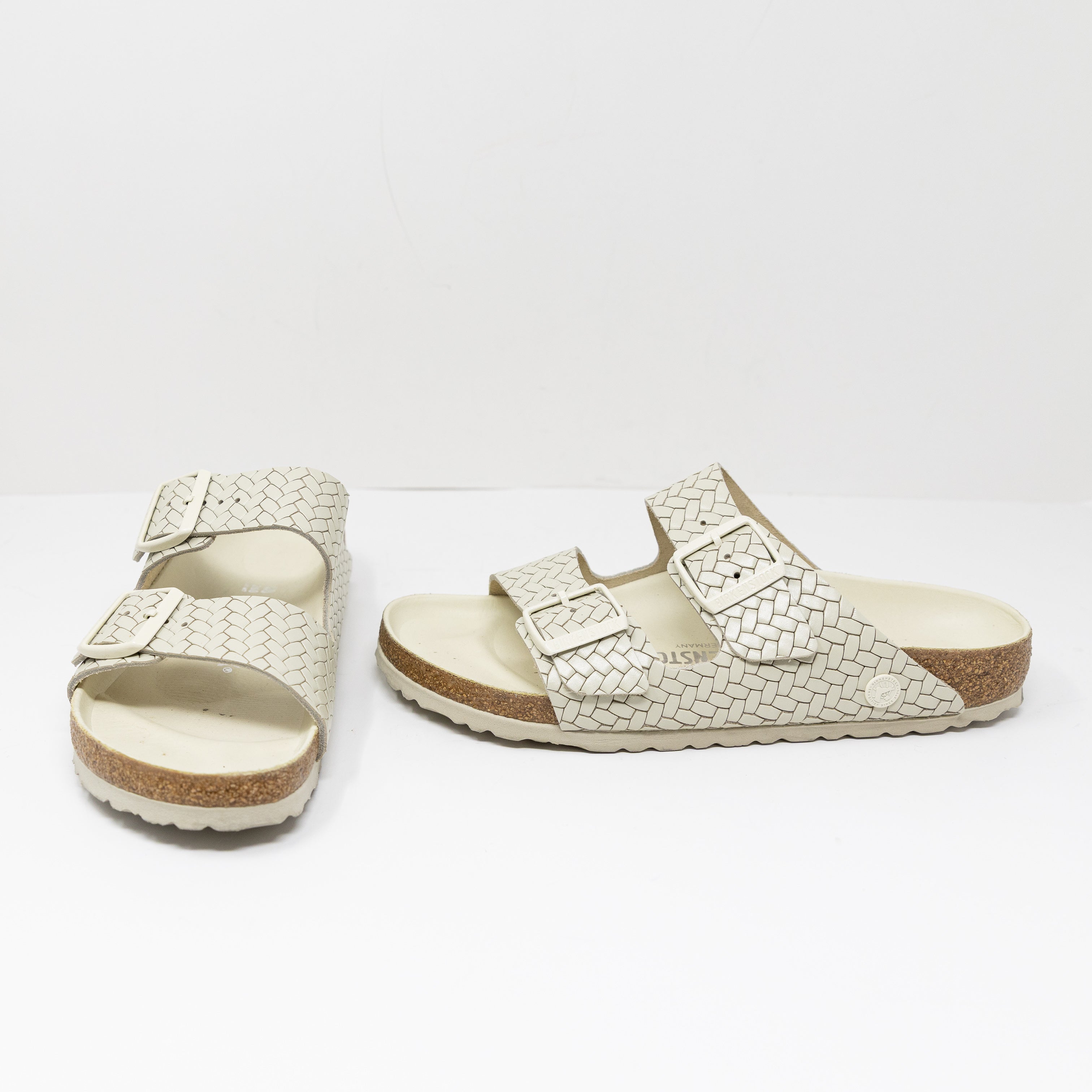 Birkenstock Arizona Women's Woven Embossed Open Toe Slide Sandals Shoes Beige 9